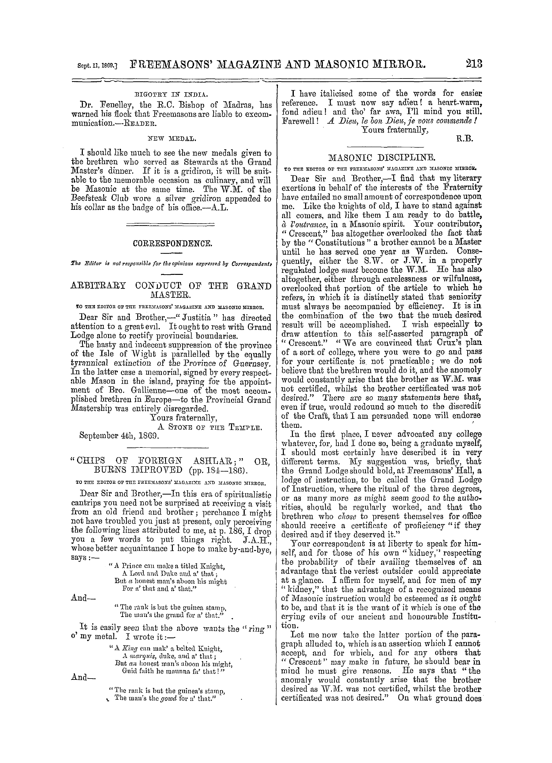 The Freemasons' Monthly Magazine: 1869-09-11 - "Chips Of Foreign Ashlar ;" Or, Burns Improved (Pp. 184-186).