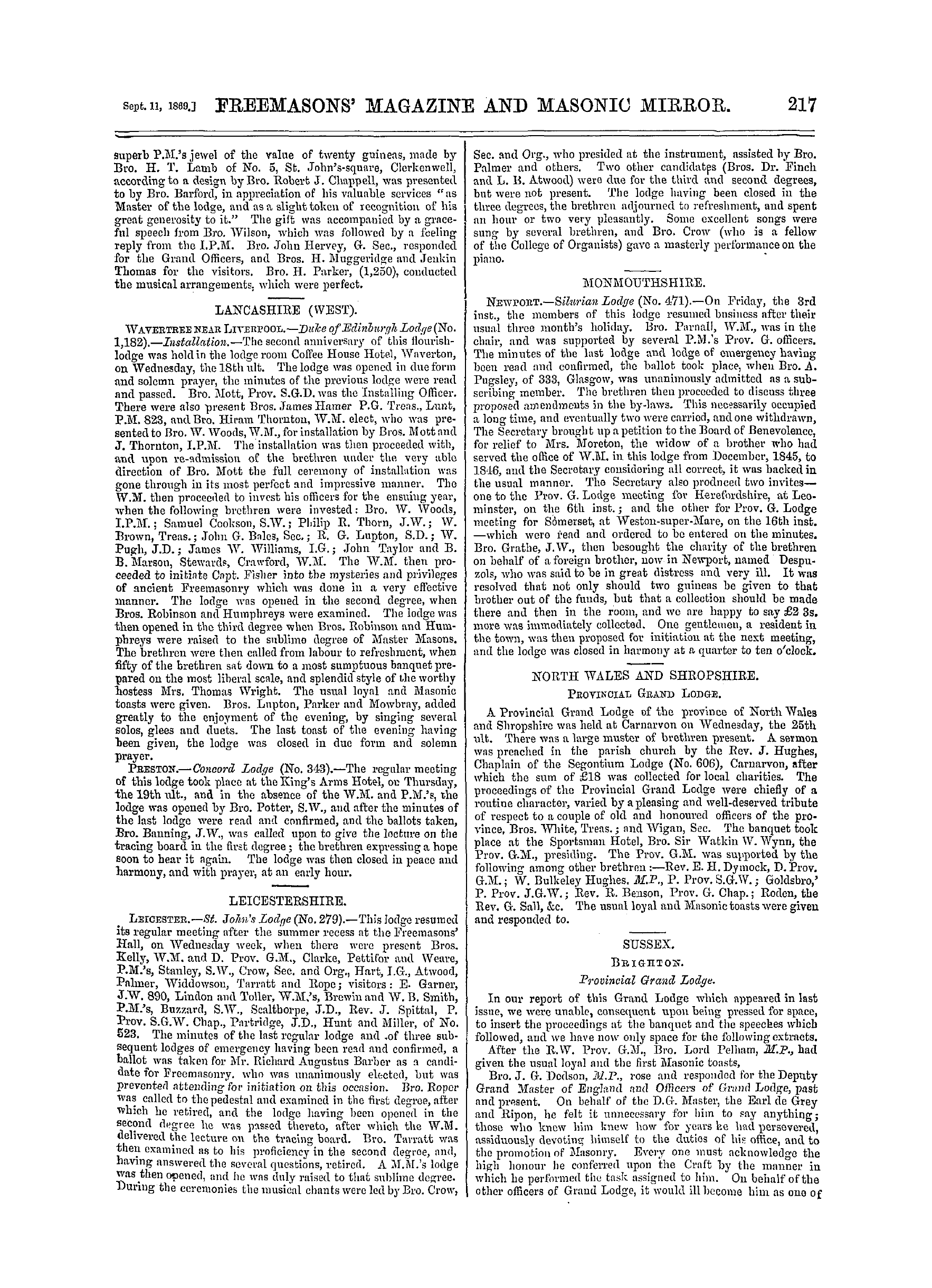 The Freemasons' Monthly Magazine: 1869-09-11 - Provincial.