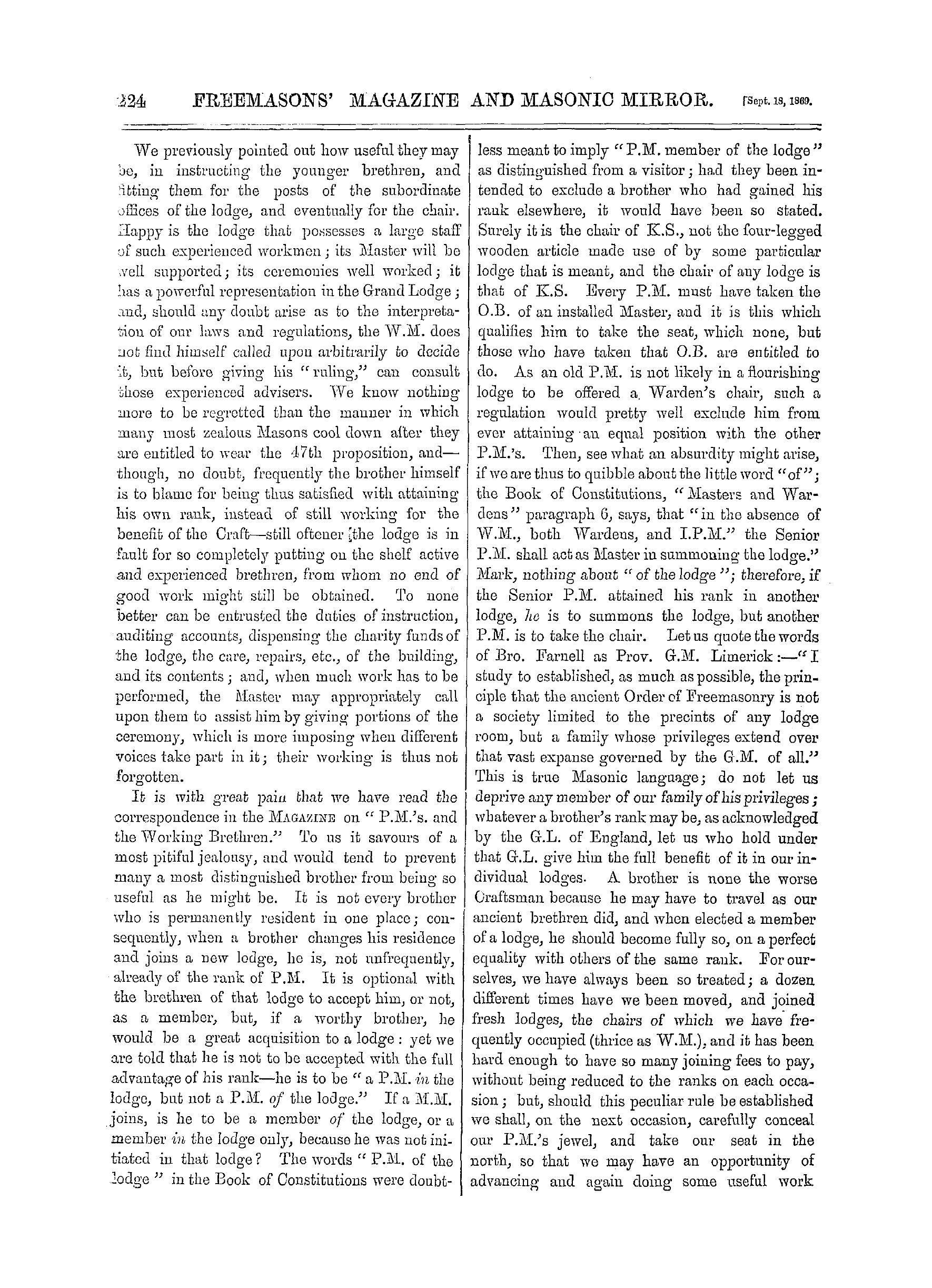 The Freemasons' Monthly Magazine: 1869-09-18 - Masonic Government.