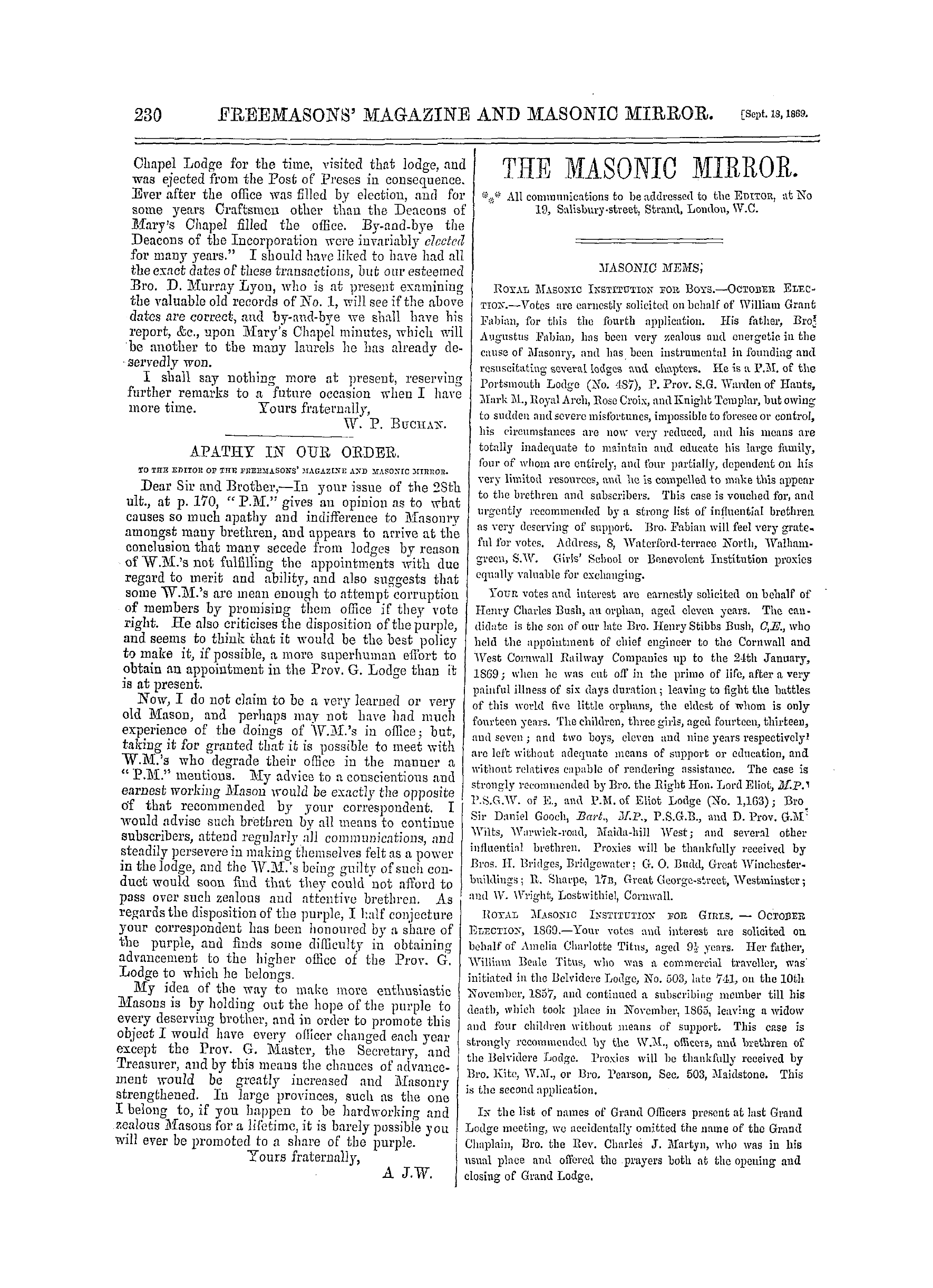 The Freemasons' Monthly Magazine: 1869-09-18 - Mother Kilwinning And Mary's Chapel.