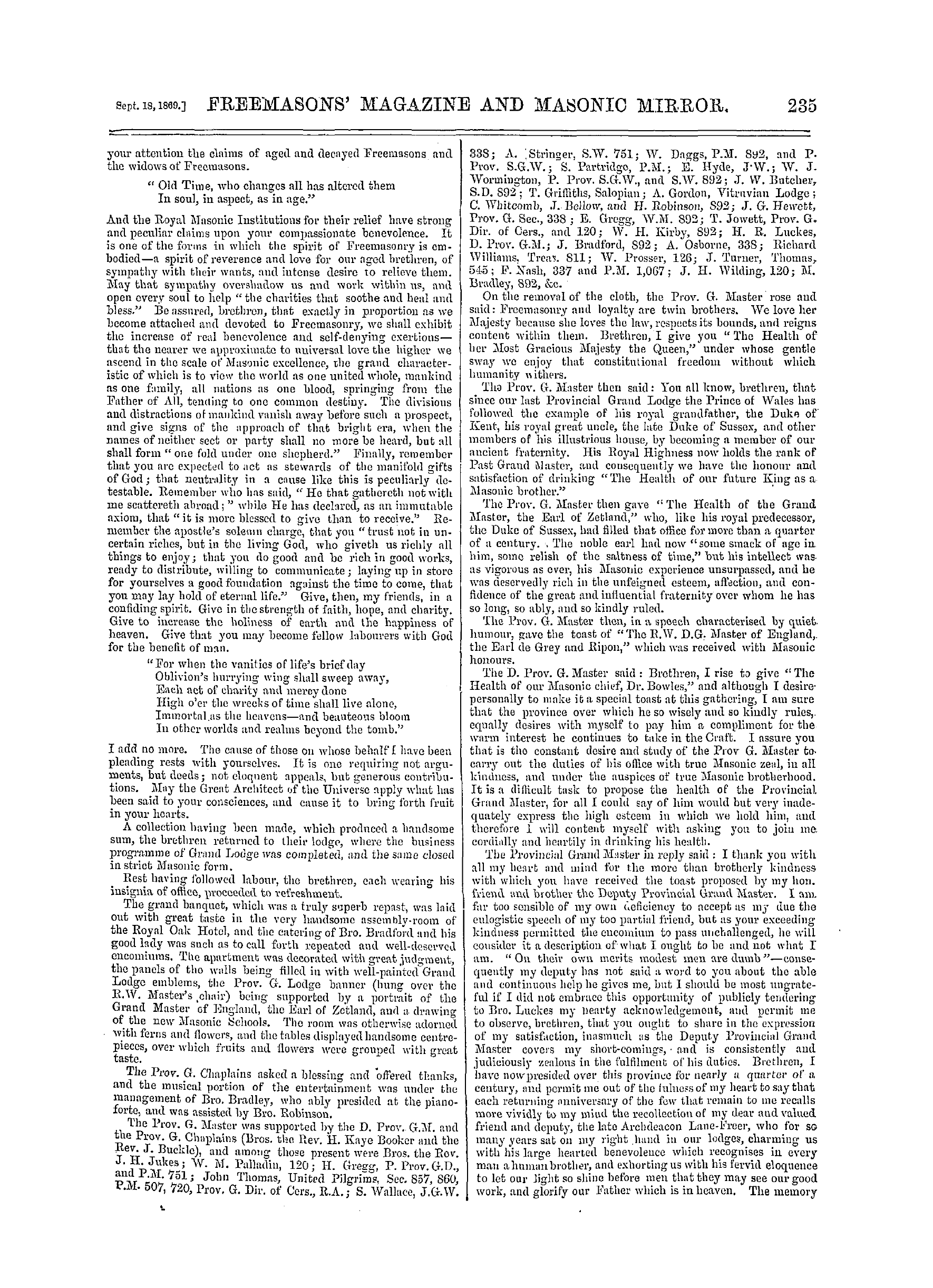 The Freemasons' Monthly Magazine: 1869-09-18 - Provincial.