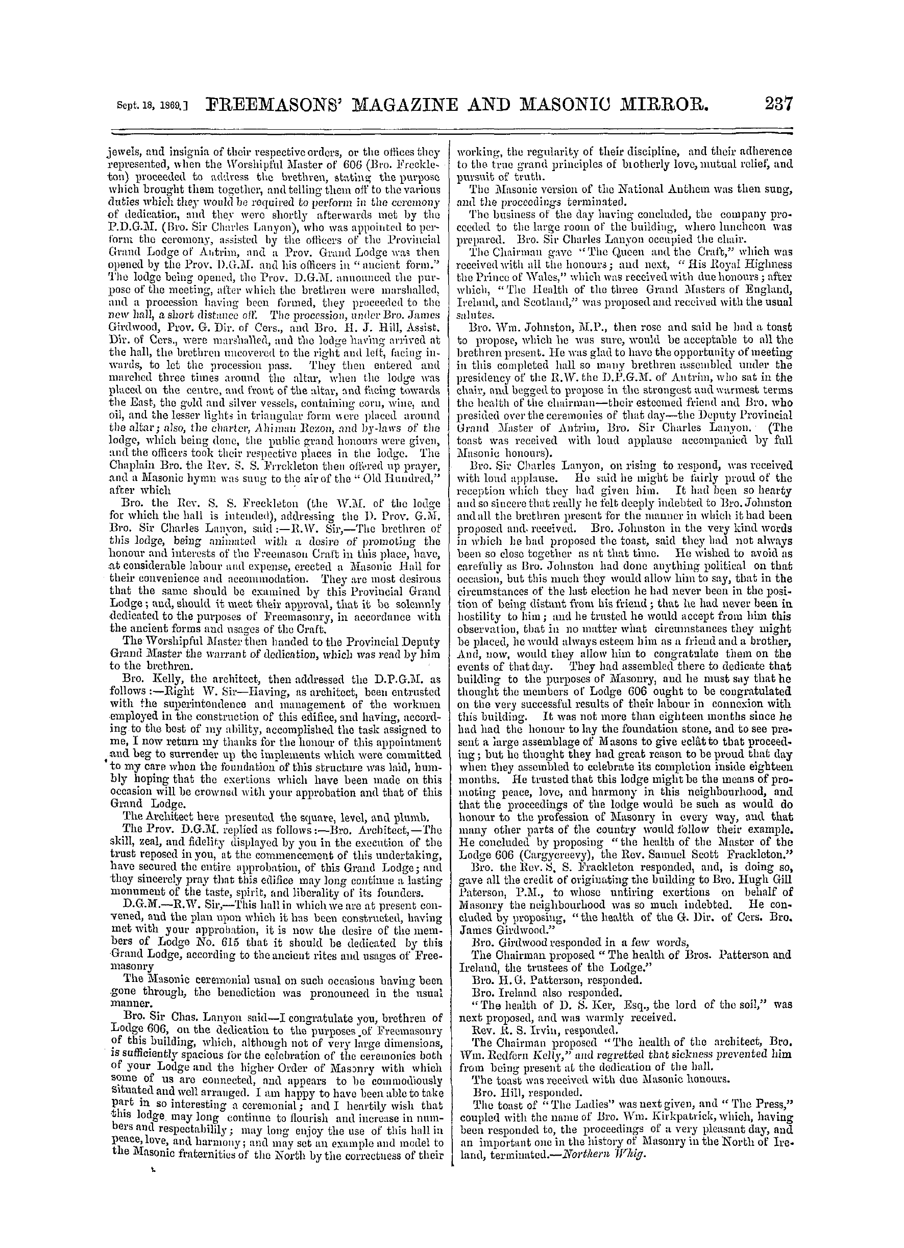 The Freemasons' Monthly Magazine: 1869-09-18 - Ireland.