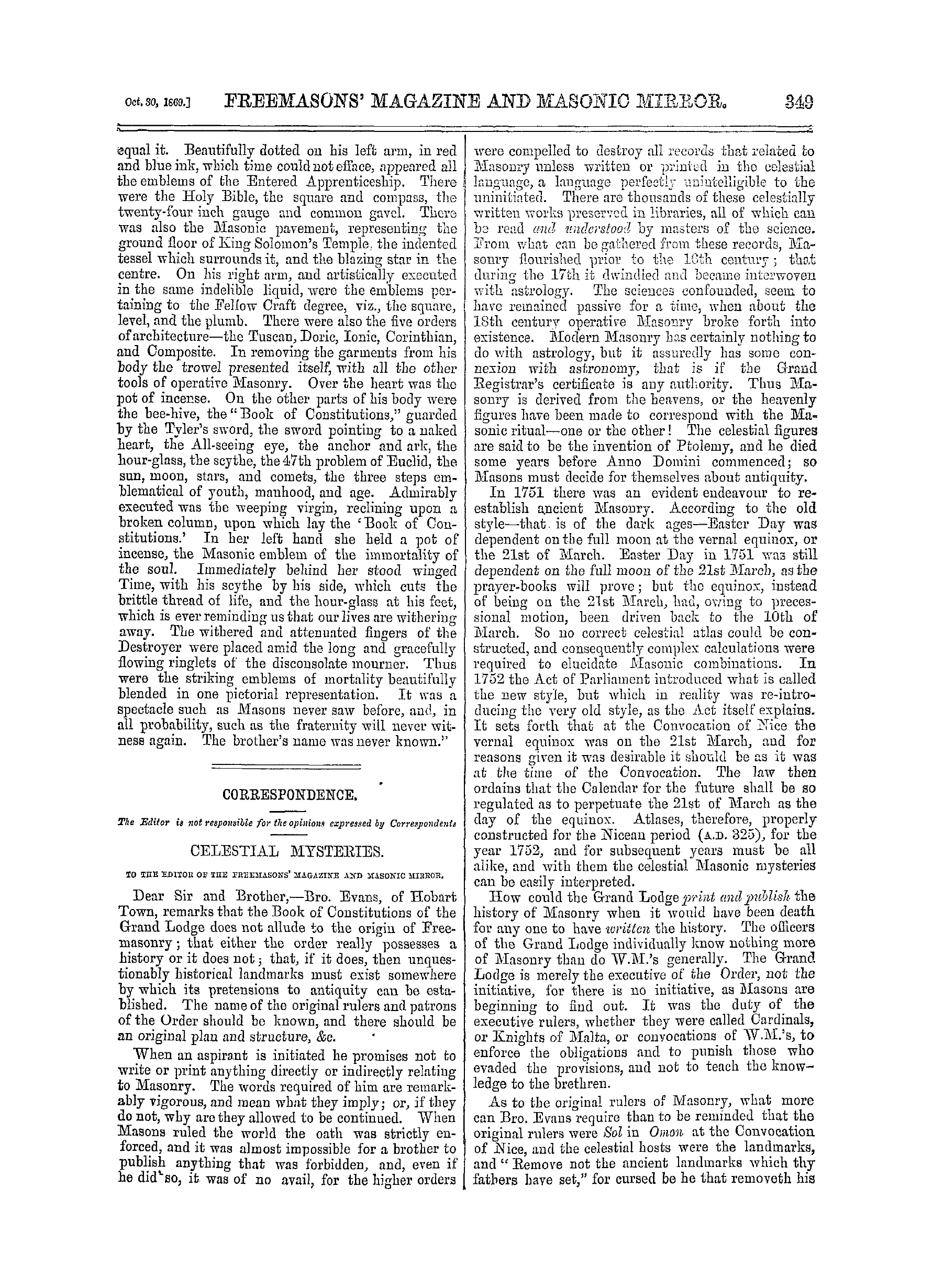 The Freemasons' Monthly Magazine: 1869-10-30 - Correspondence.