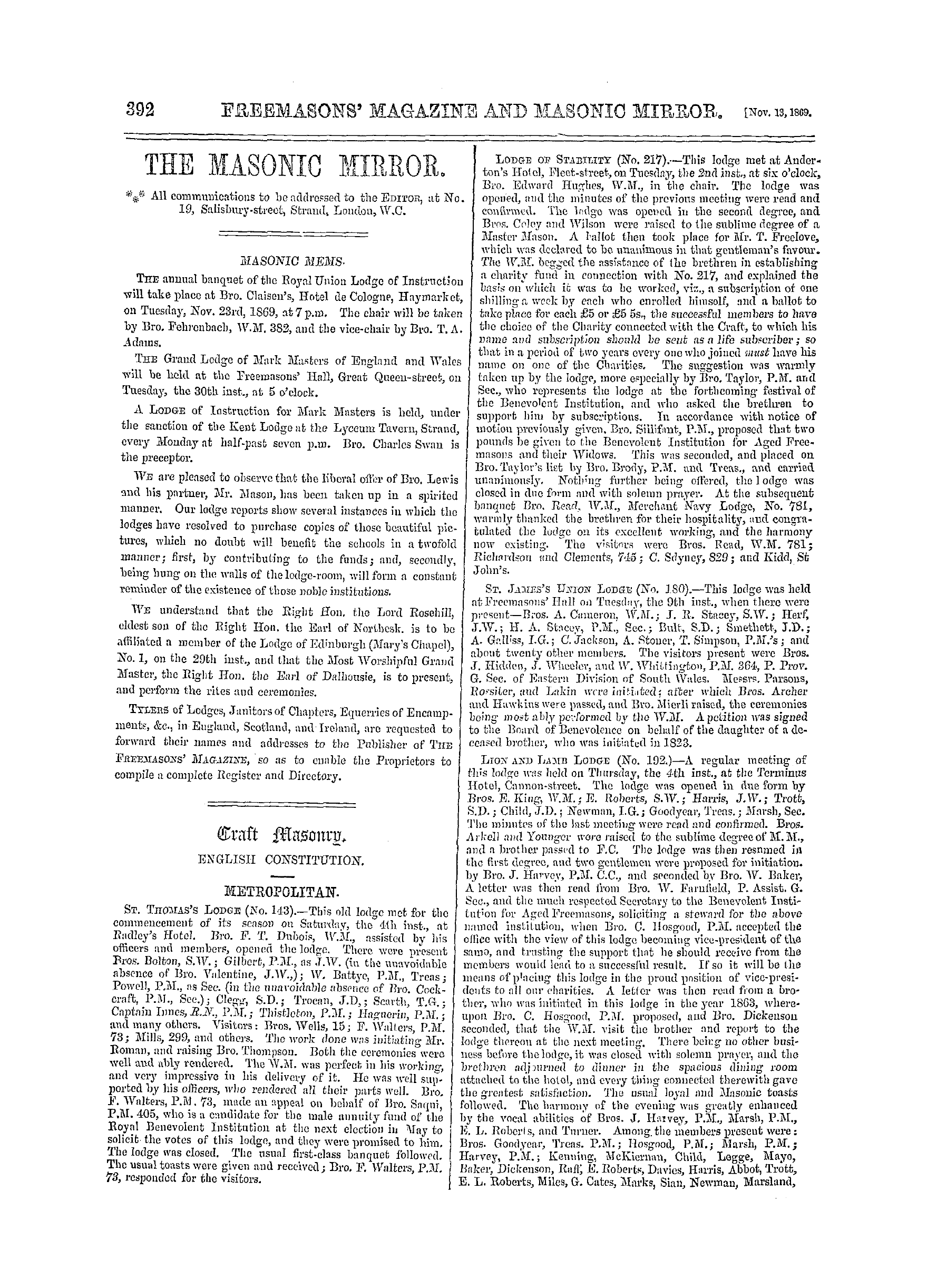 The Freemasons' Monthly Magazine: 1869-11-13 - Craft Masonry.