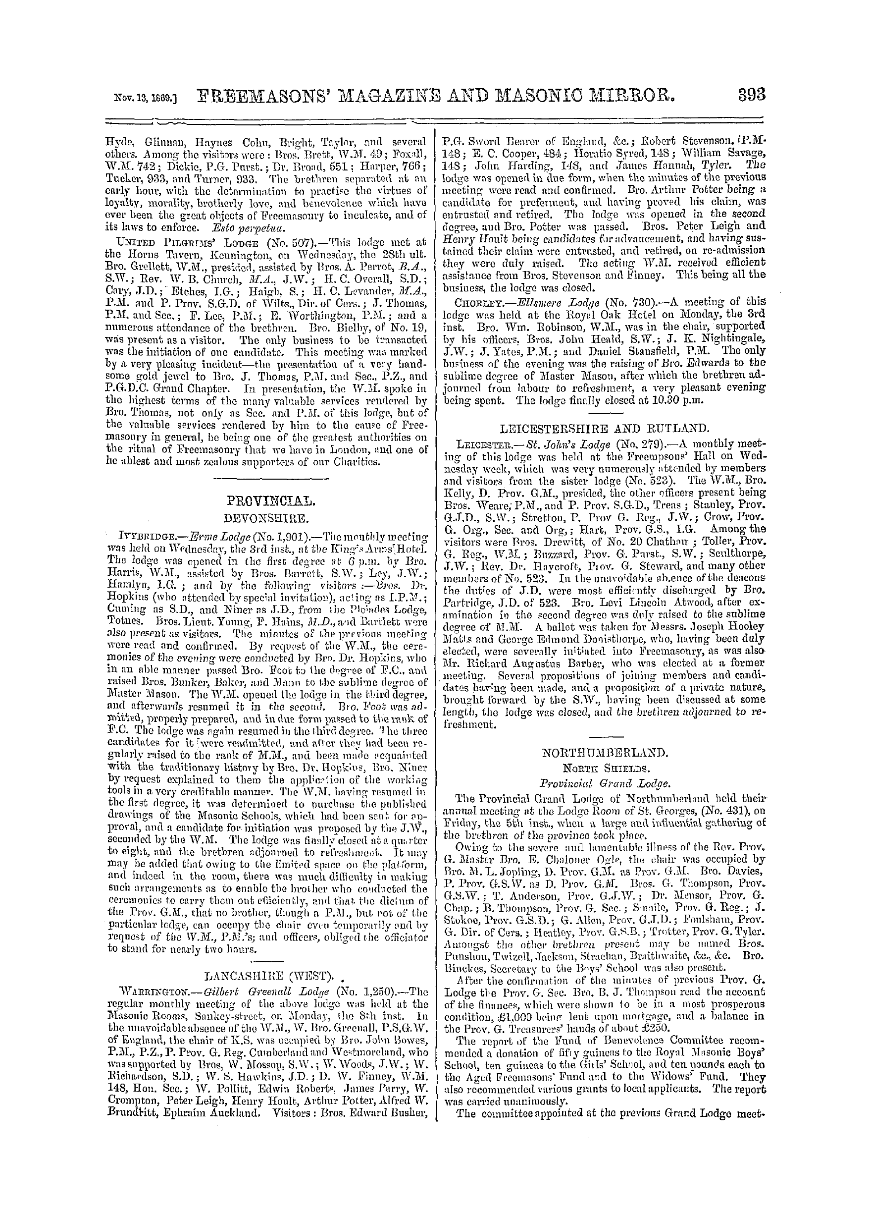 The Freemasons' Monthly Magazine: 1869-11-13 - Craft Masonry.