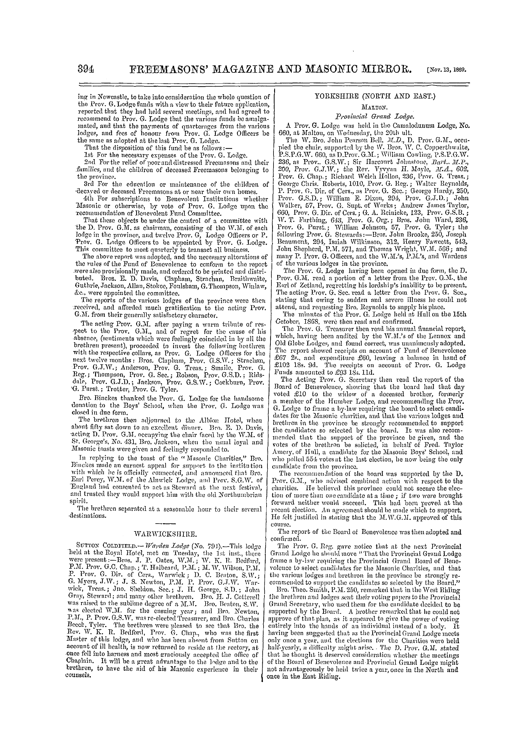 The Freemasons' Monthly Magazine: 1869-11-13 - Craft Masonry.