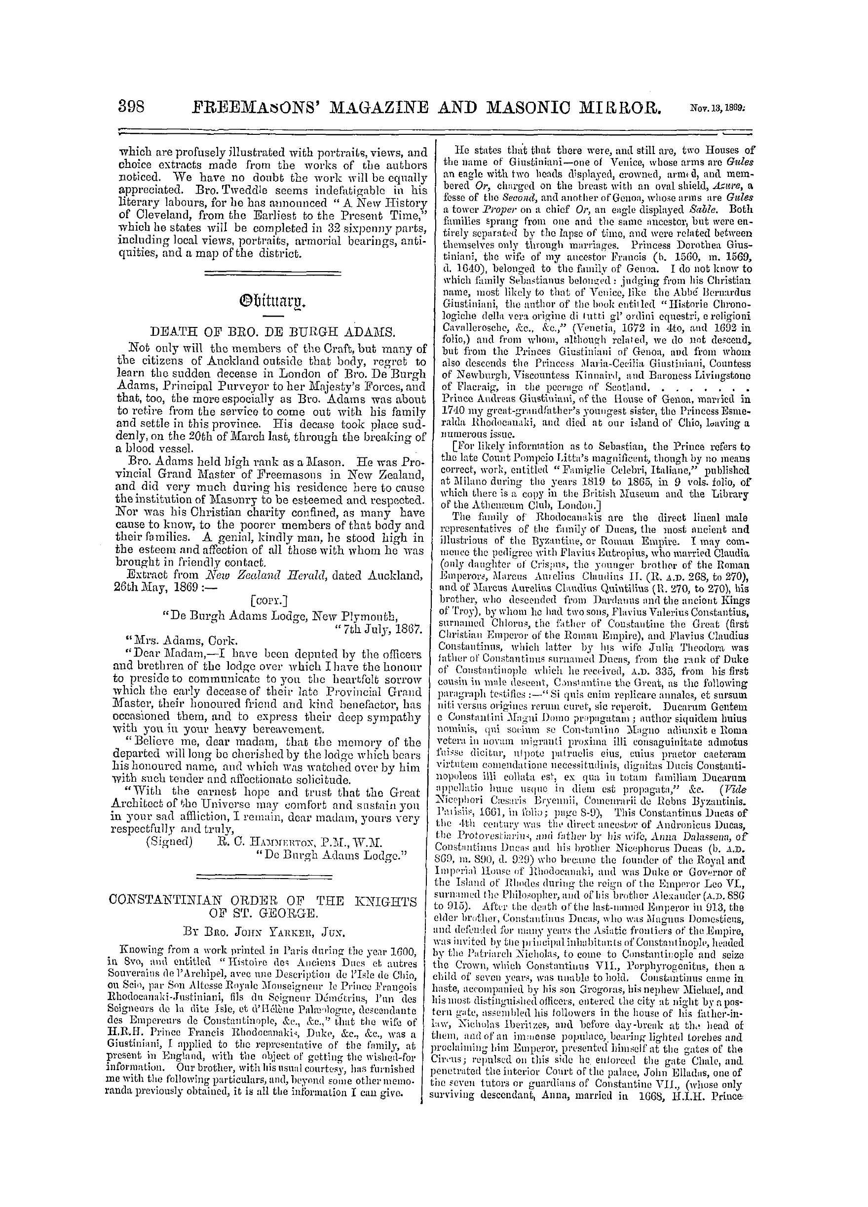 The Freemasons' Monthly Magazine: 1869-11-13 - Obituary.