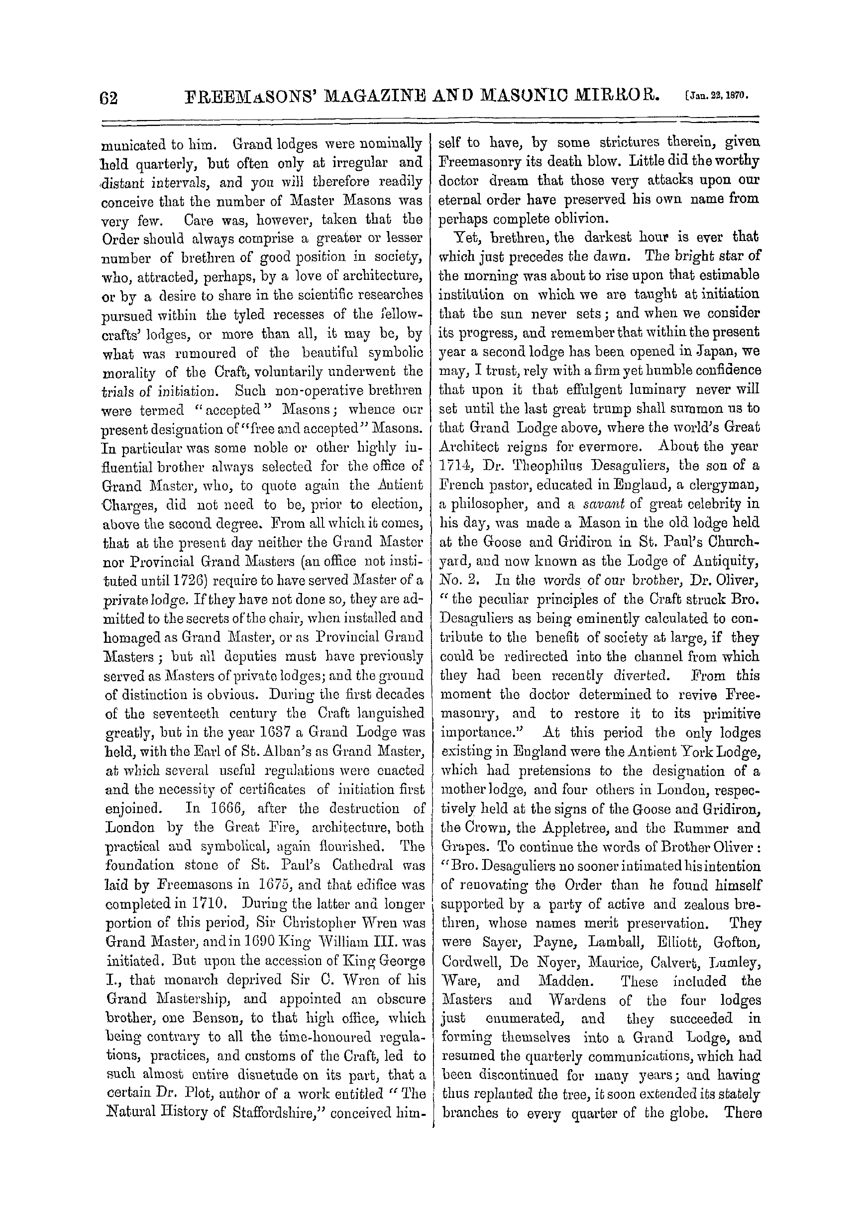 The Freemasons' Monthly Magazine: 1870-01-22 - The Rise And Purposes Of Speculative Masonry.