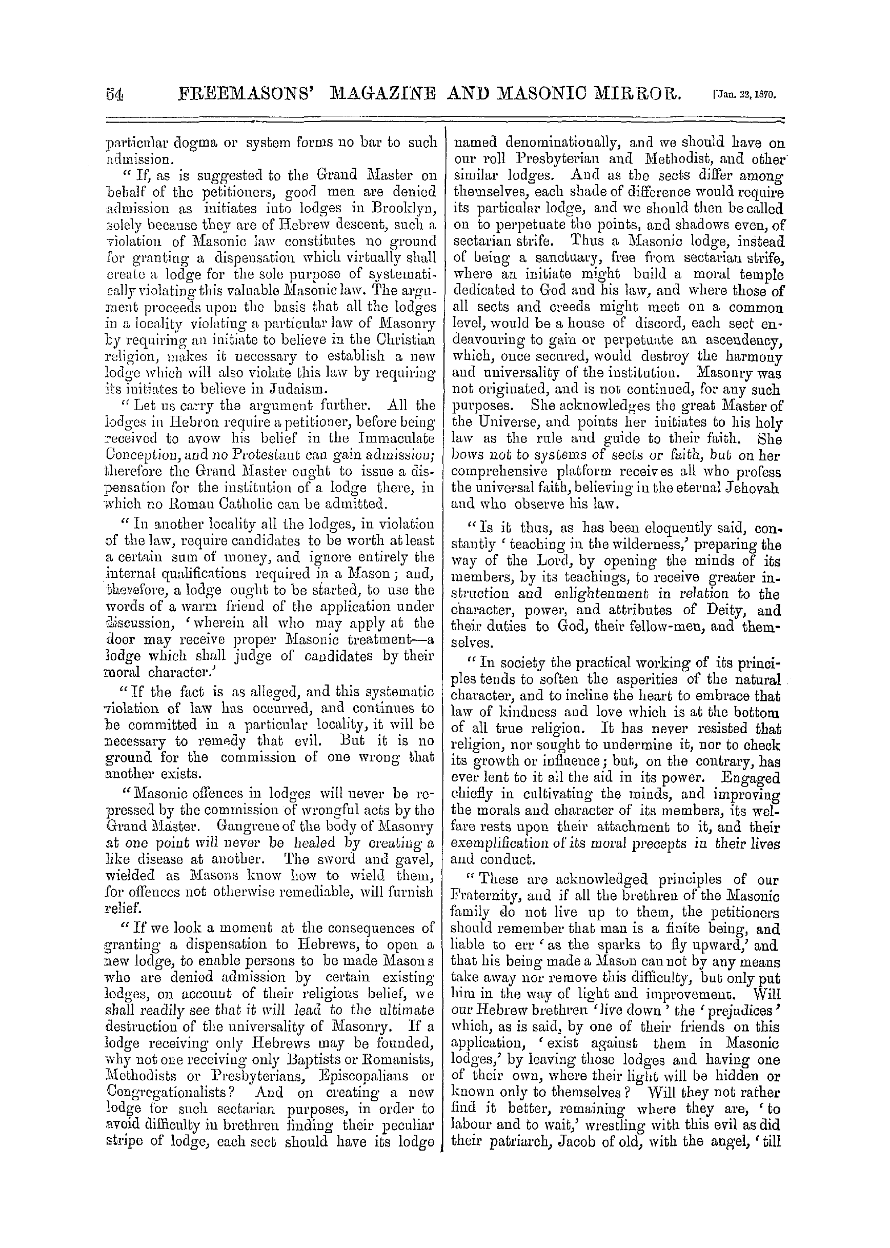 The Freemasons' Monthly Magazine: 1870-01-22 - The Hebrew Brethren Of New York And The Dist. G. Master.