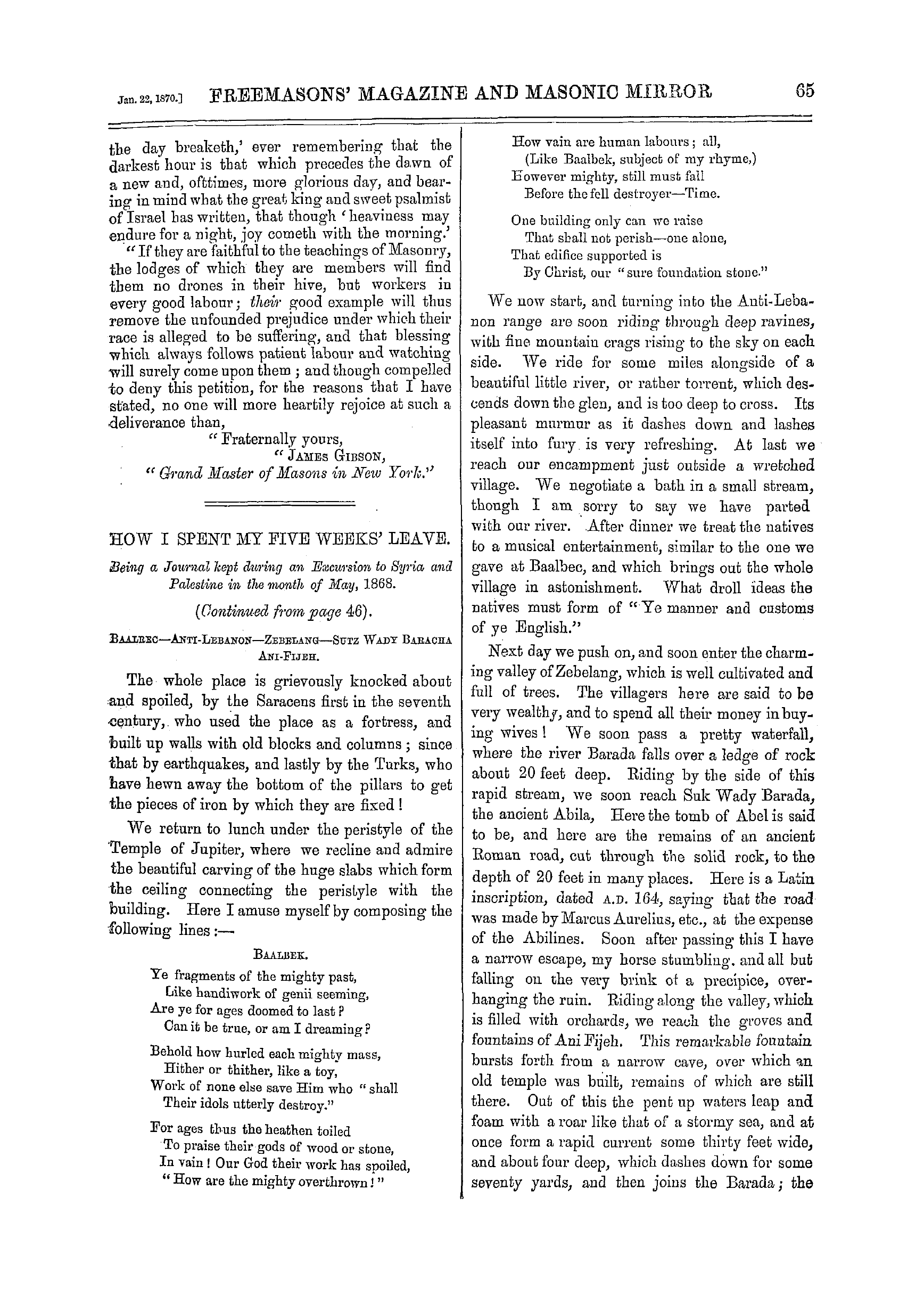 The Freemasons' Monthly Magazine: 1870-01-22 - The Hebrew Brethren Of New York And The Dist. G. Master.