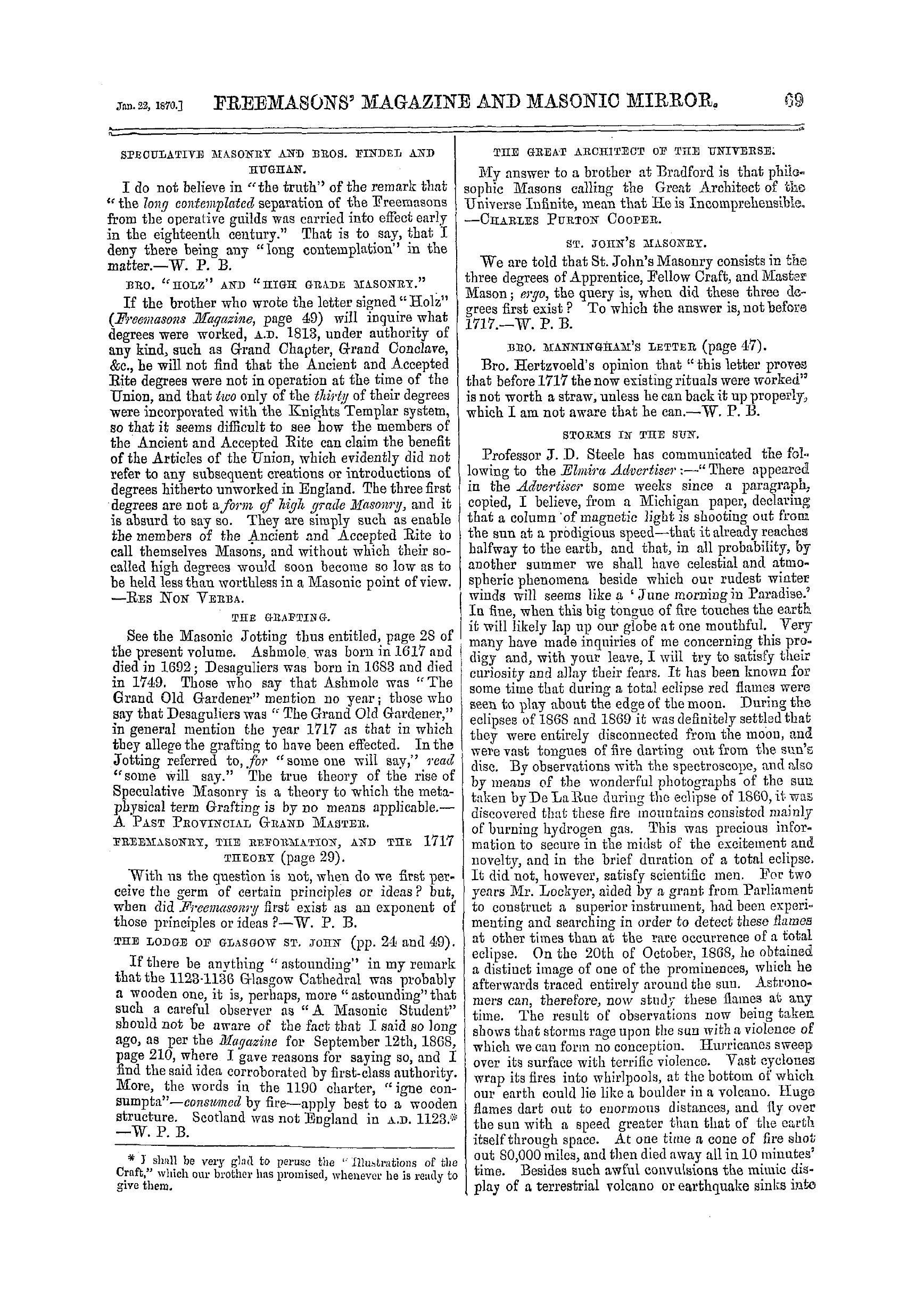 The Freemasons' Monthly Magazine: 1870-01-22 - Speculative Masonry And Bros. Findel And Hughan.