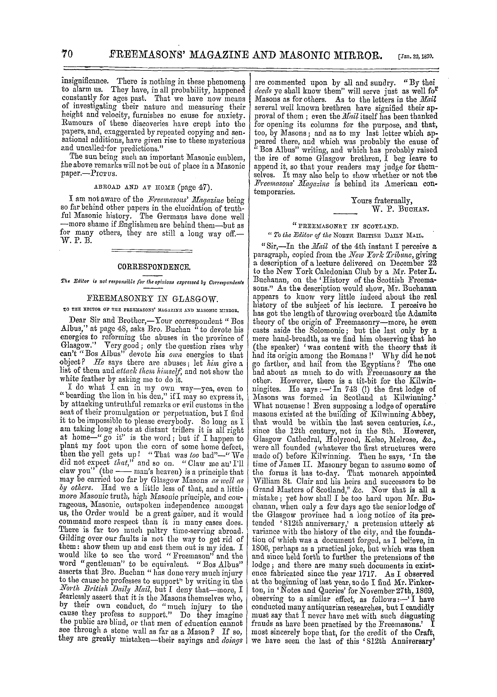 The Freemasons' Monthly Magazine: 1870-01-22 - Correspondence.