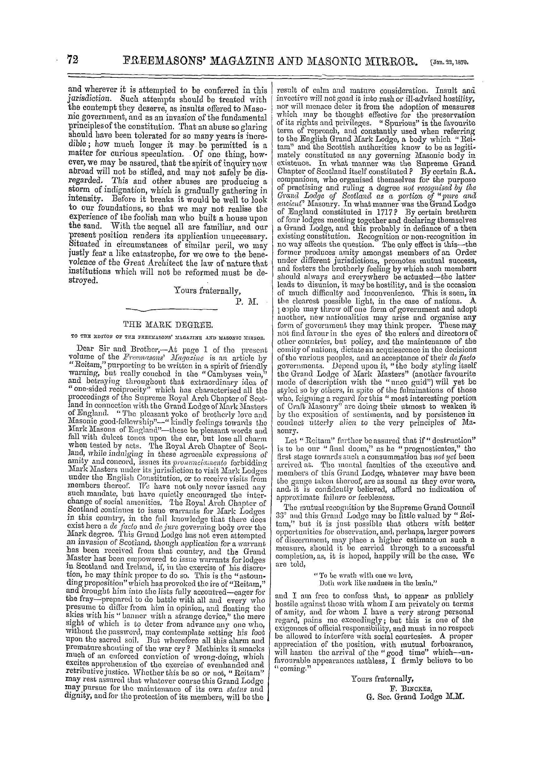 The Freemasons' Monthly Magazine: 1870-01-22 - Correspondence.