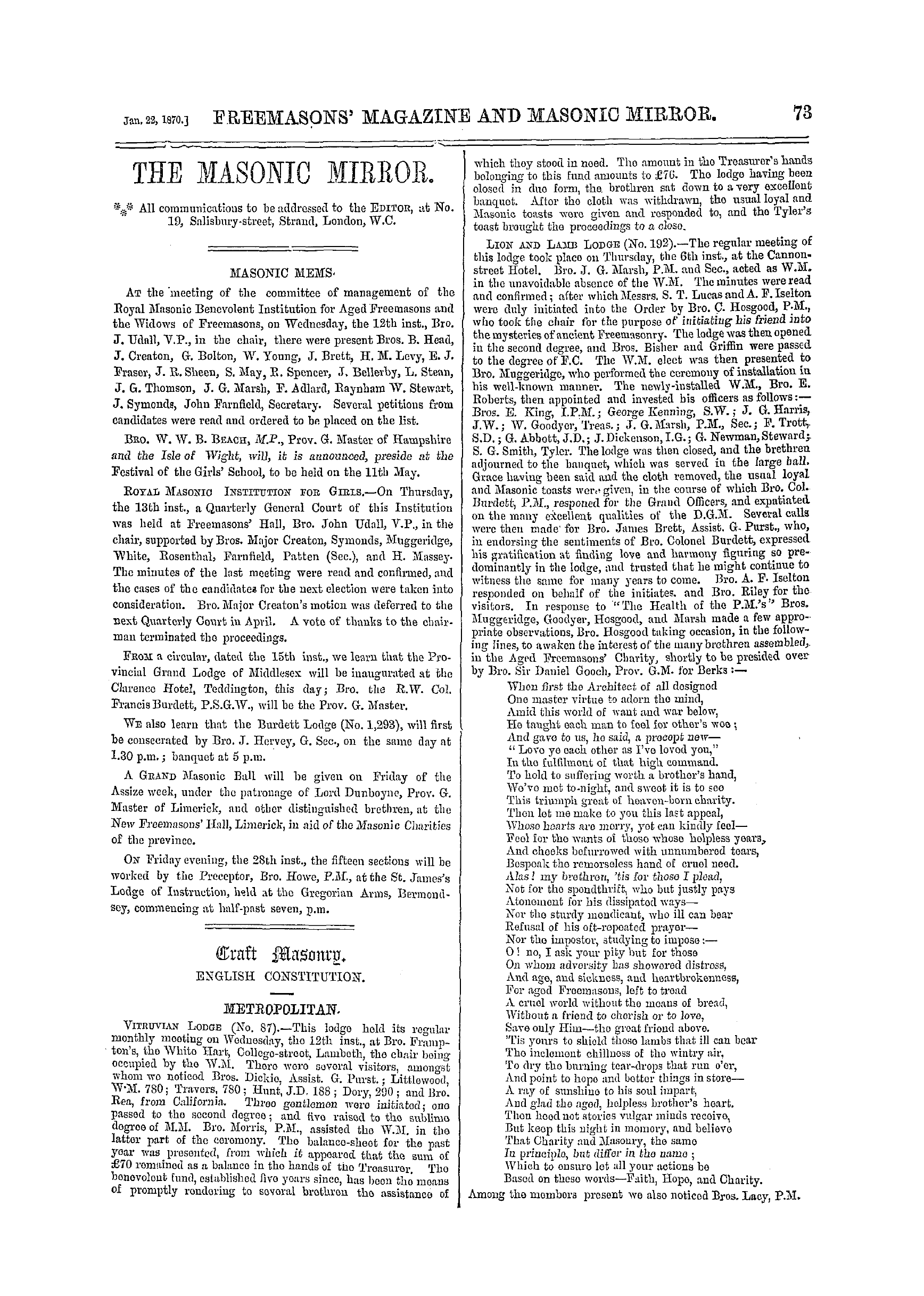 The Freemasons' Monthly Magazine: 1870-01-22: 13