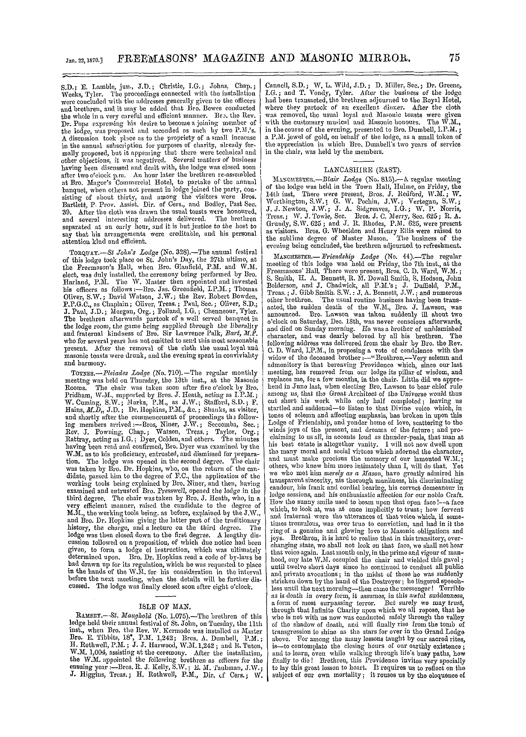 The Freemasons' Monthly Magazine: 1870-01-22 - Provincial.