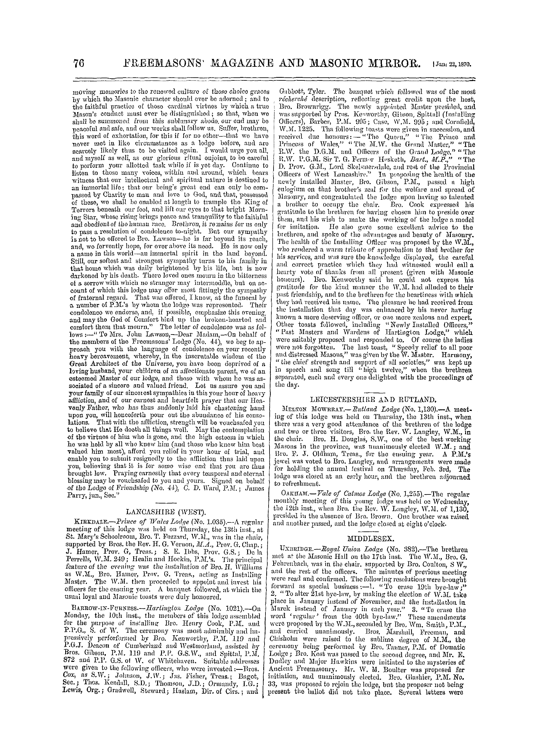 The Freemasons' Monthly Magazine: 1870-01-22 - Provincial.