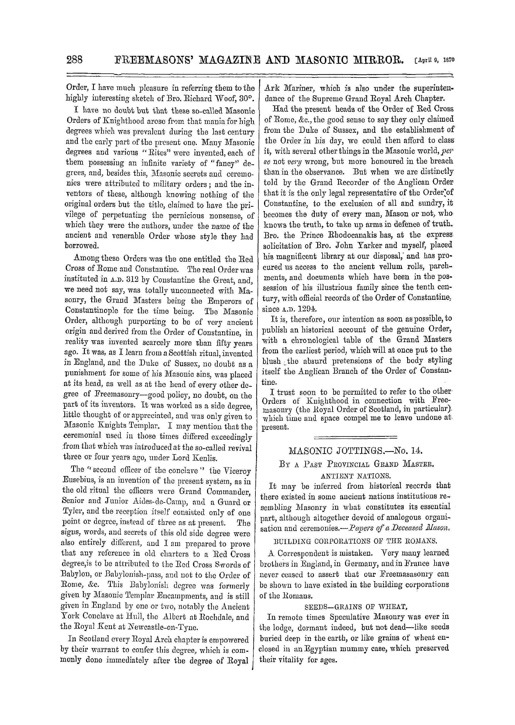 The Freemasons' Monthly Magazine: 1870-04-09 - Masonic Jottings.—No. 14.