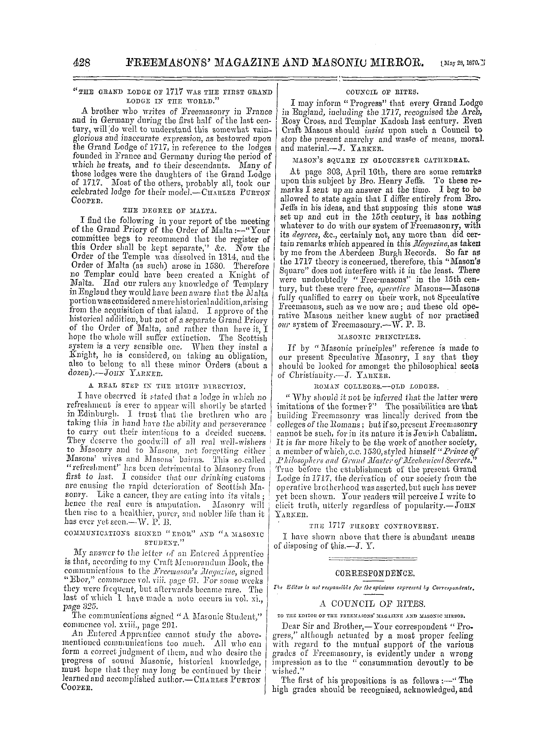 The Freemasons' Monthly Magazine: 1870-05-28 - Correspondence.