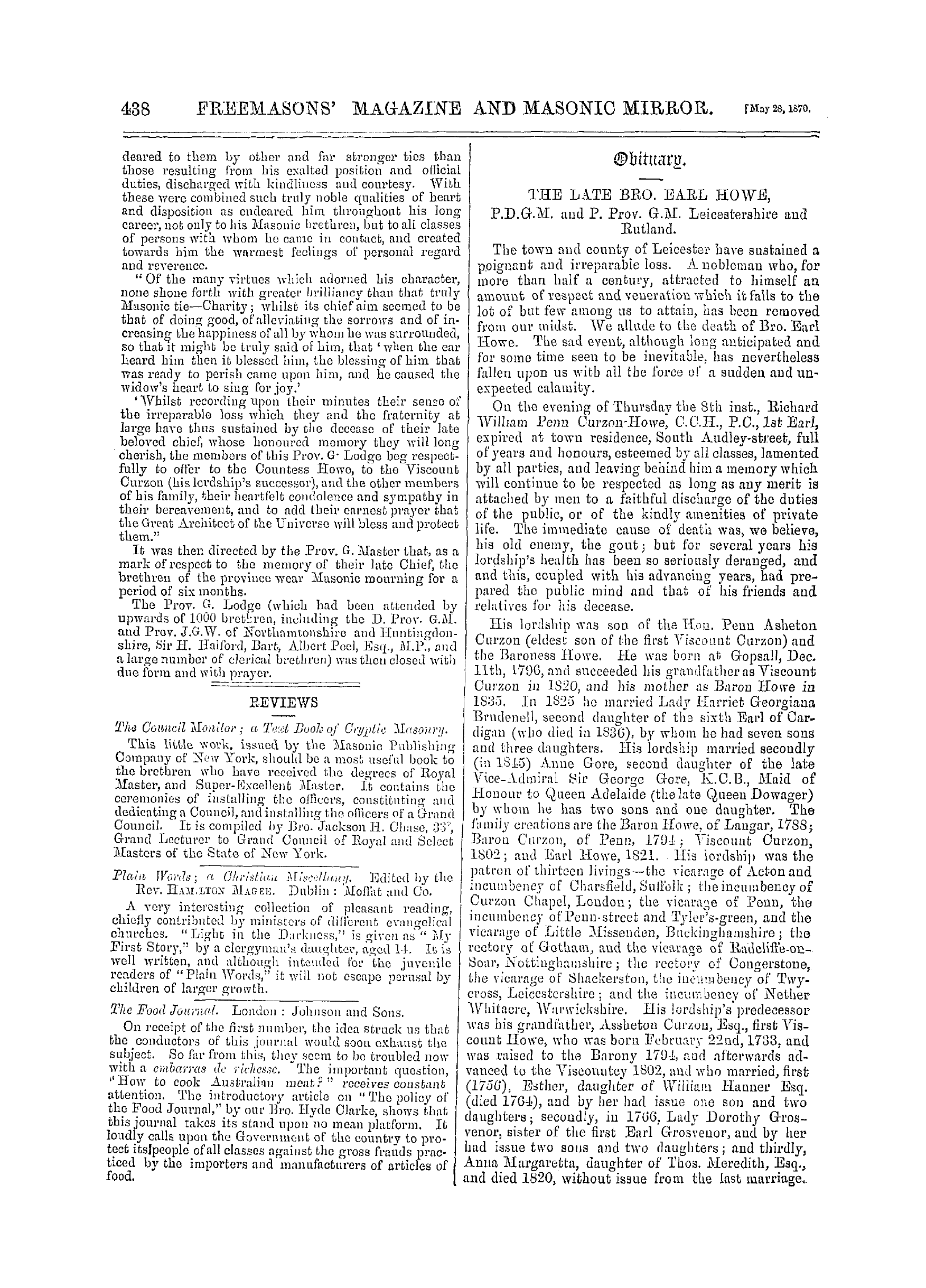 The Freemasons' Monthly Magazine: 1870-05-28 - Obituary.