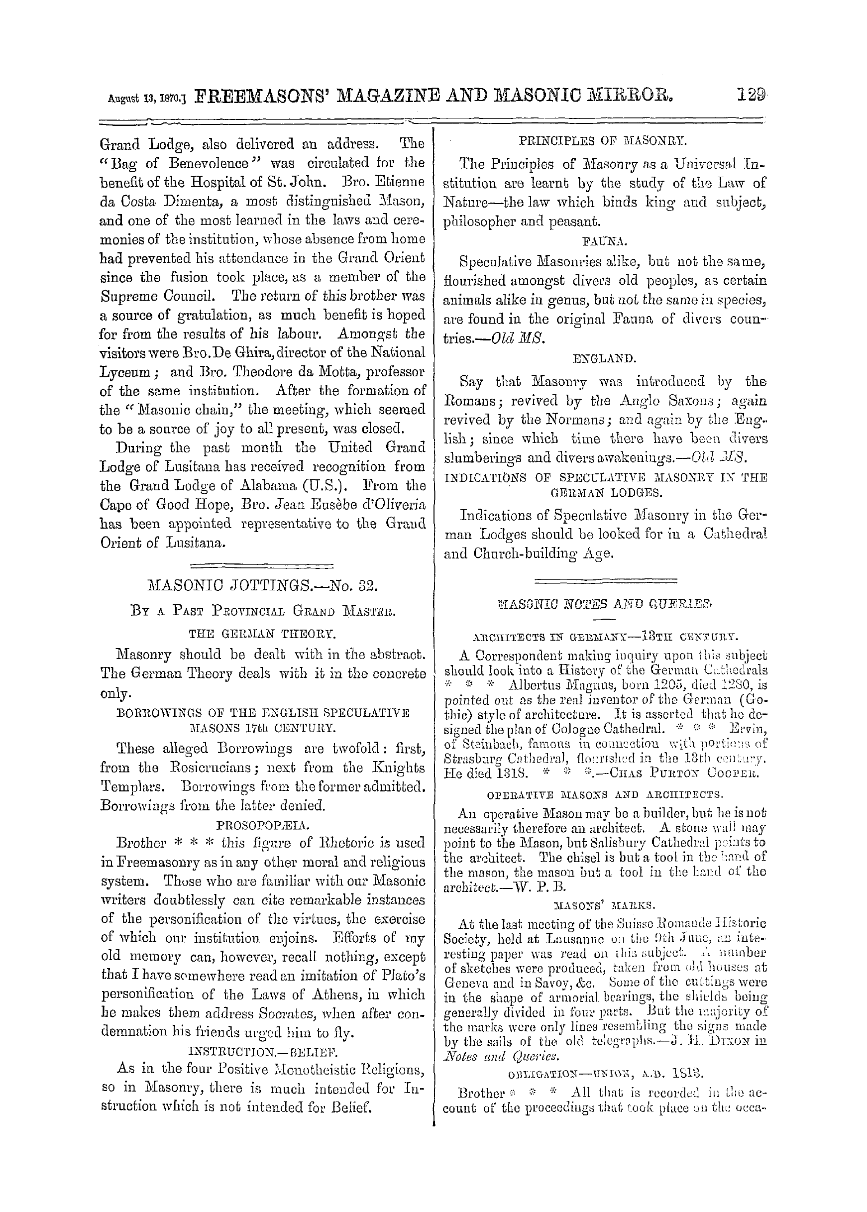 The Freemasons' Monthly Magazine: 1870-08-13 - Masonic Jottings.—No. 32.