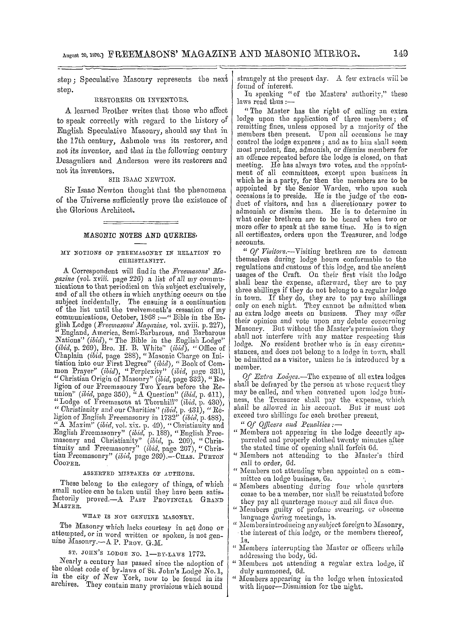 The Freemasons' Monthly Magazine: 1870-08-20 - Masonic Notes And Queries.