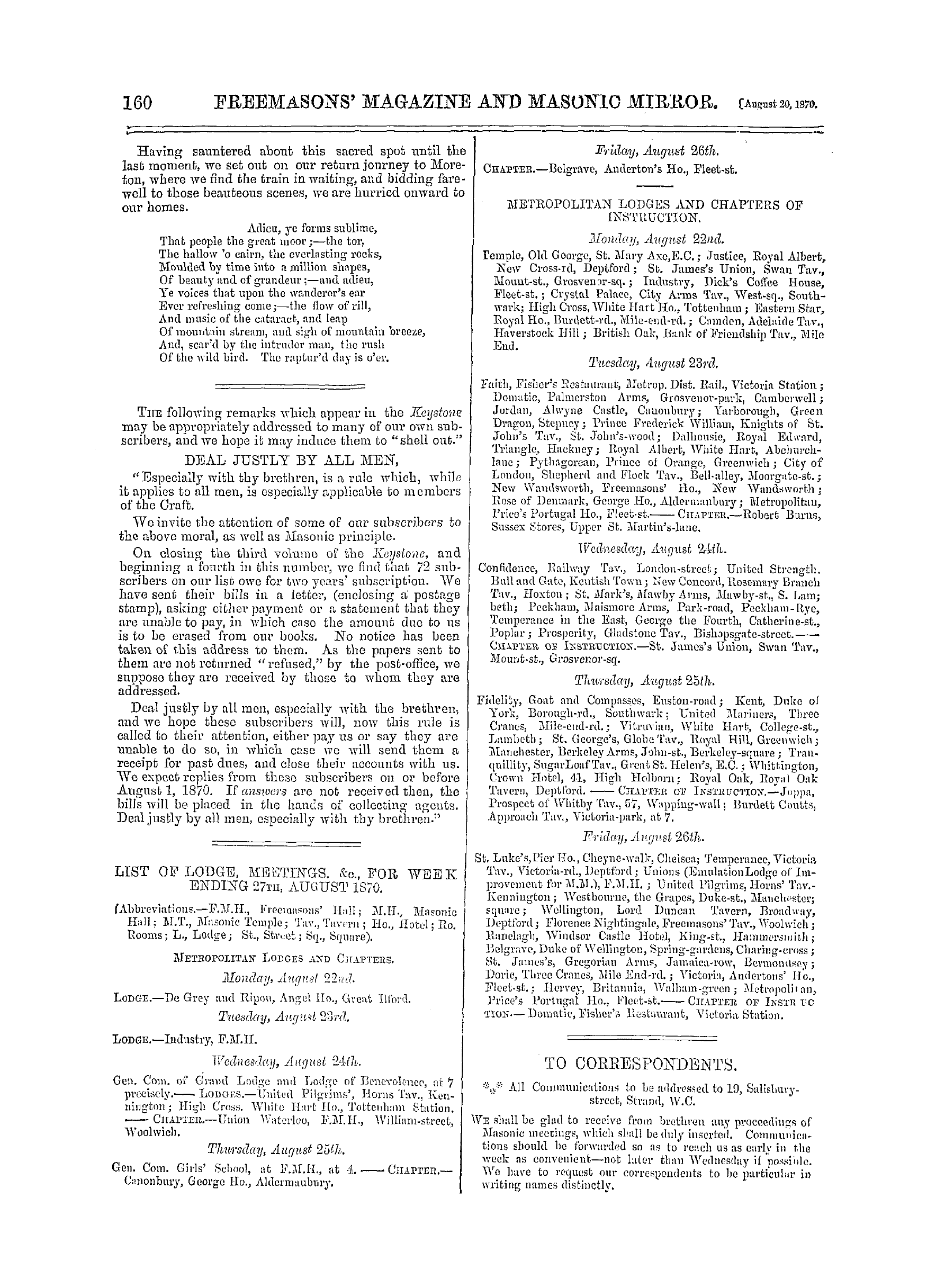 The Freemasons' Monthly Magazine: 1870-08-20 - List Of Lodge, Meetings, &C., For Week Ending 27th, August 1870.