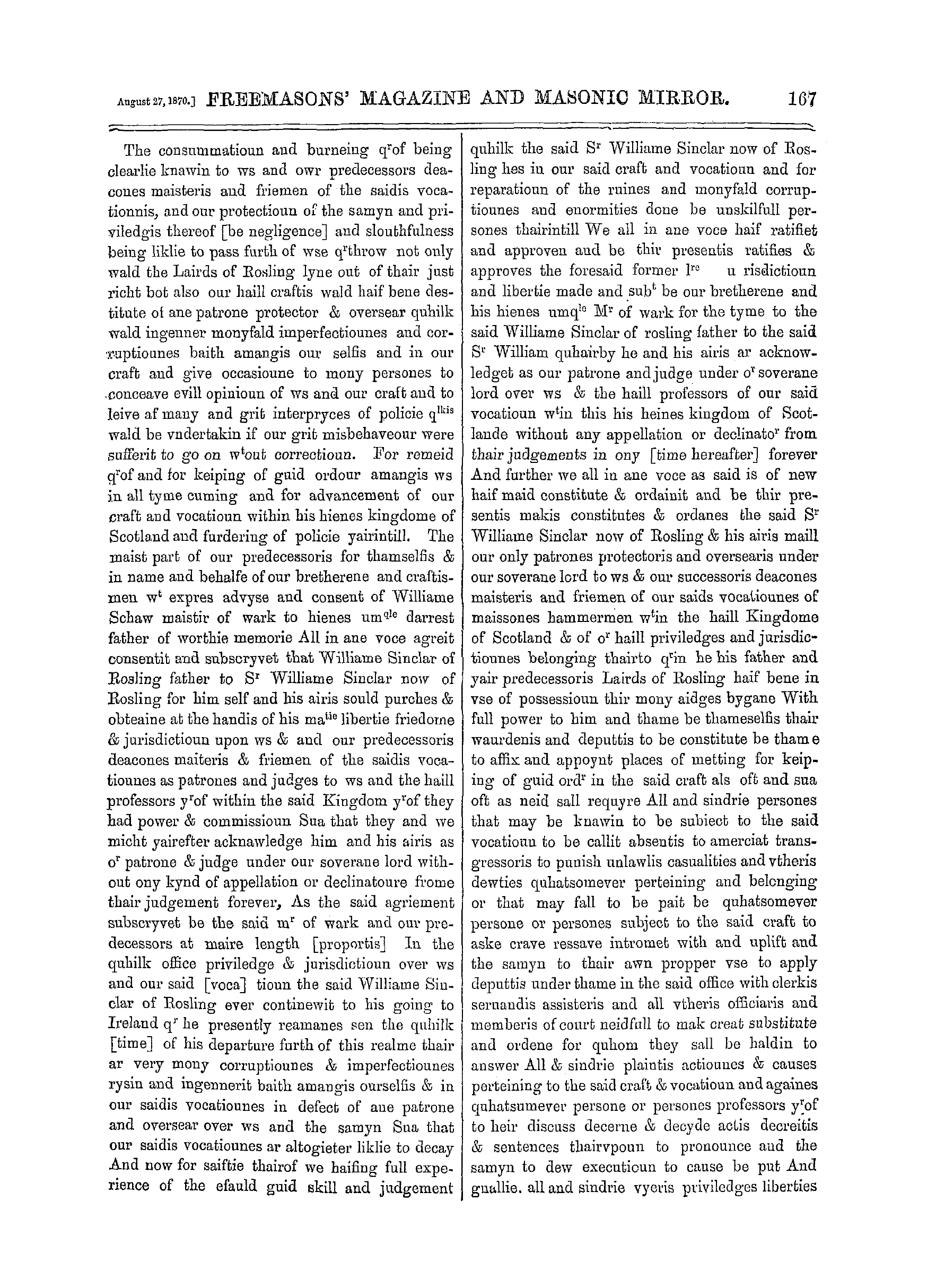 The Freemasons' Monthly Magazine: 1870-08-27 - The St. Clair Charters