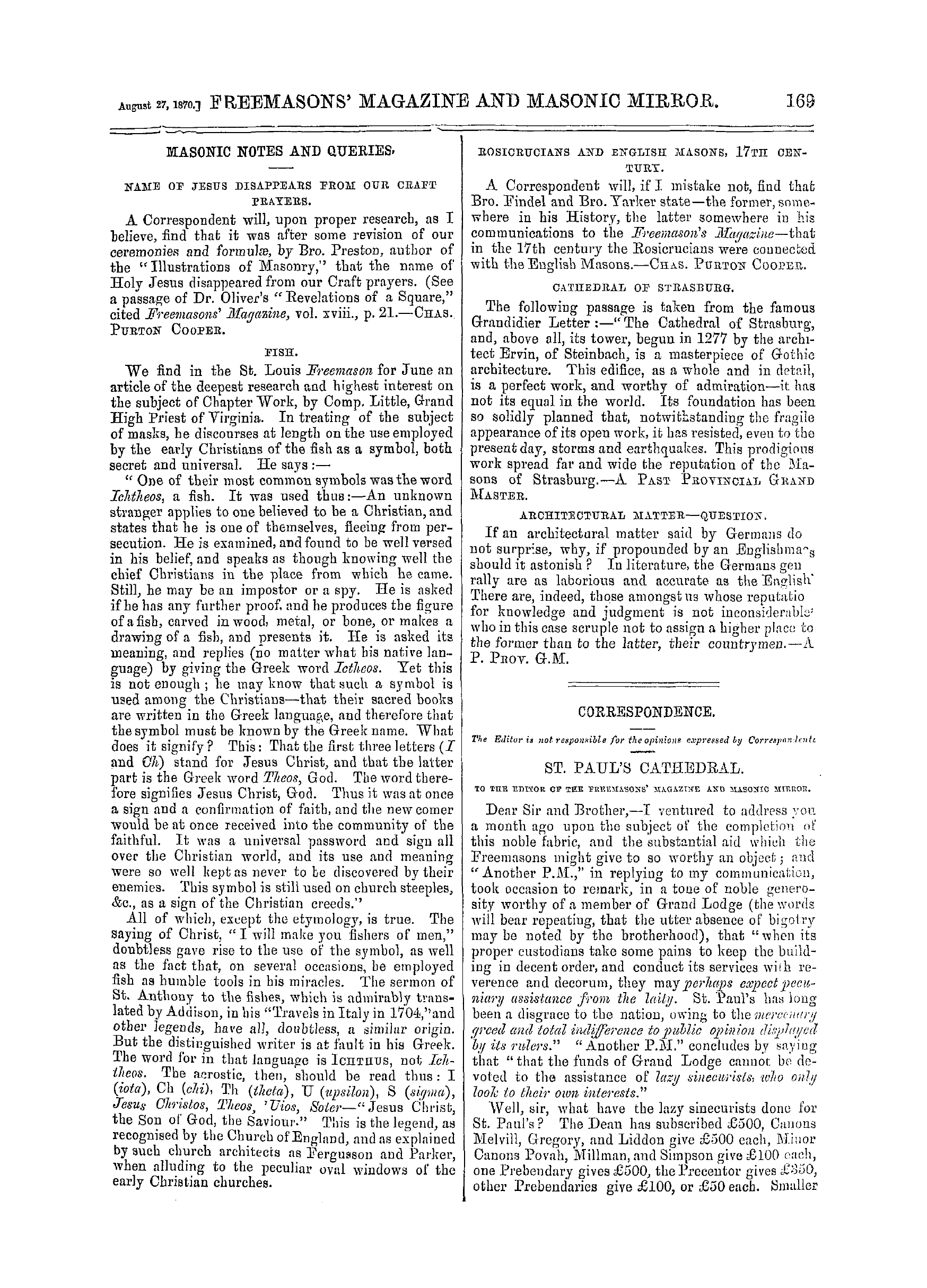 The Freemasons' Monthly Magazine: 1870-08-27 - Correspondence.