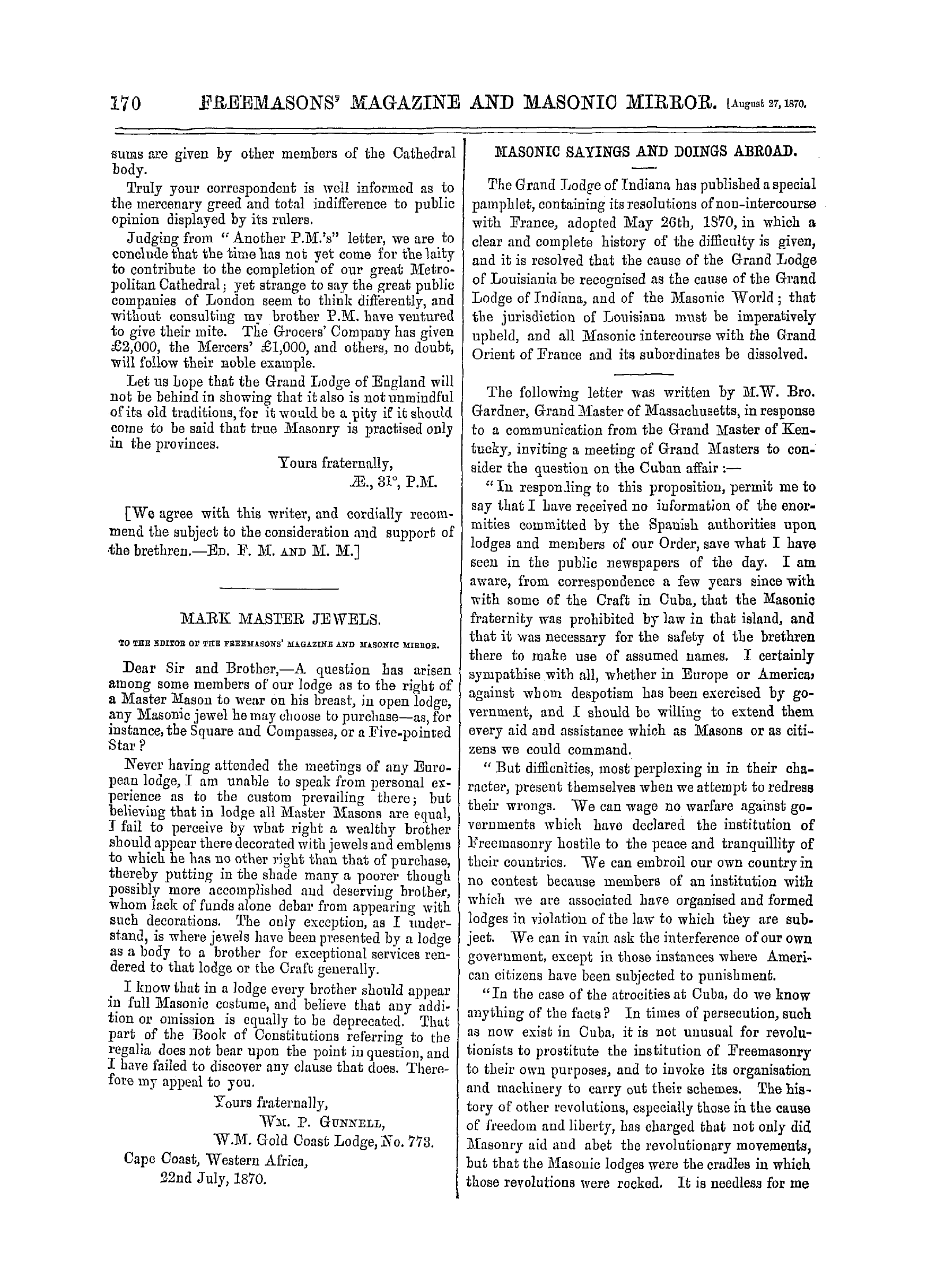 The Freemasons' Monthly Magazine: 1870-08-27 - Masonic Sayings And Doings Abroad.