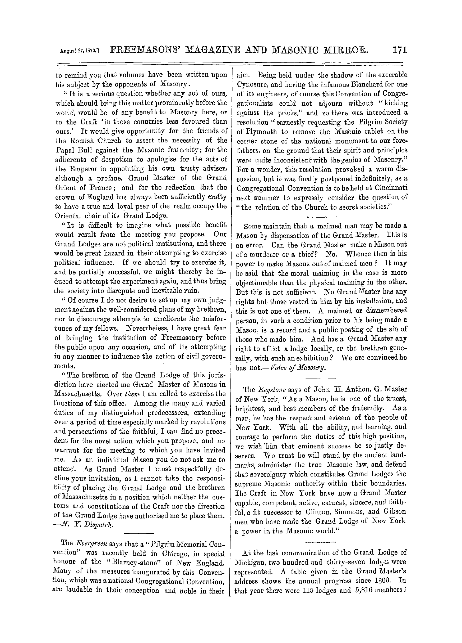 The Freemasons' Monthly Magazine: 1870-08-27 - Masonic Sayings And Doings Abroad.