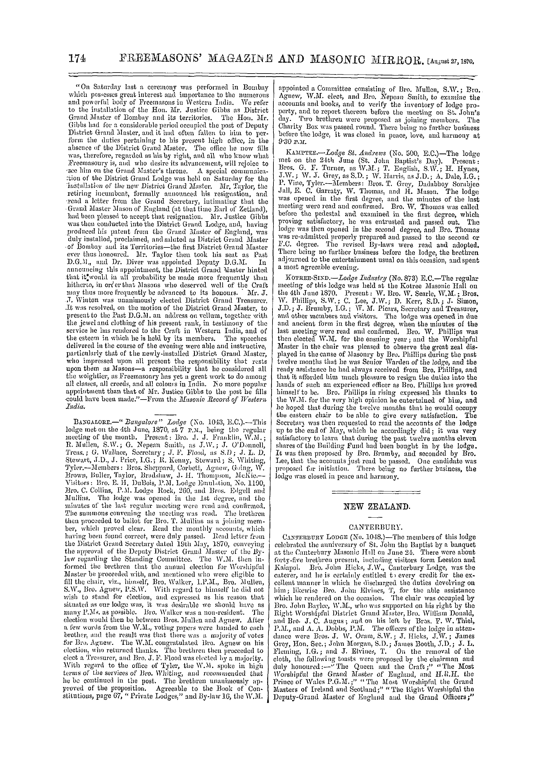 The Freemasons' Monthly Magazine: 1870-08-27 - India.