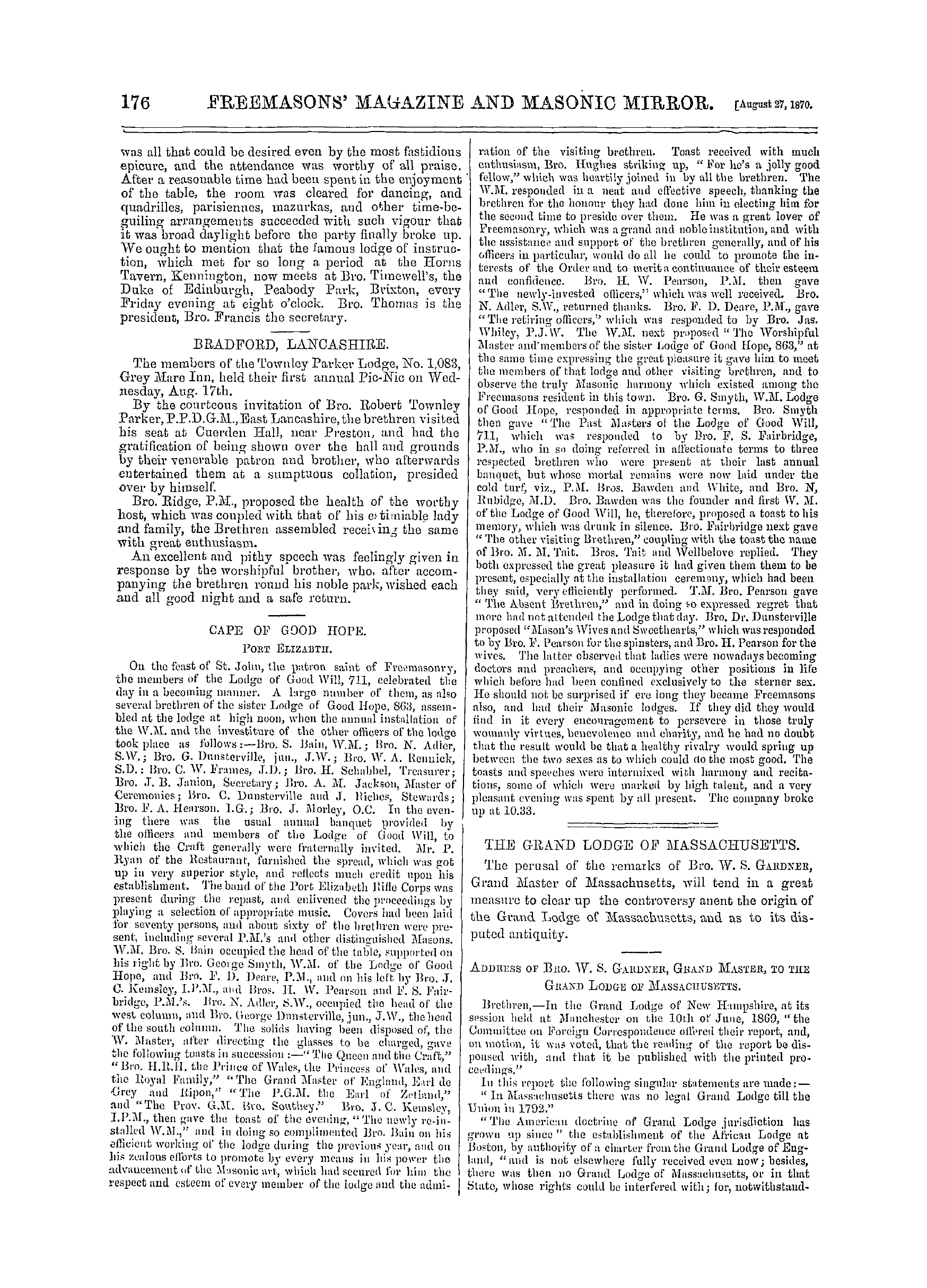 The Freemasons' Monthly Magazine: 1870-08-27 - Cape Of Good Hope.