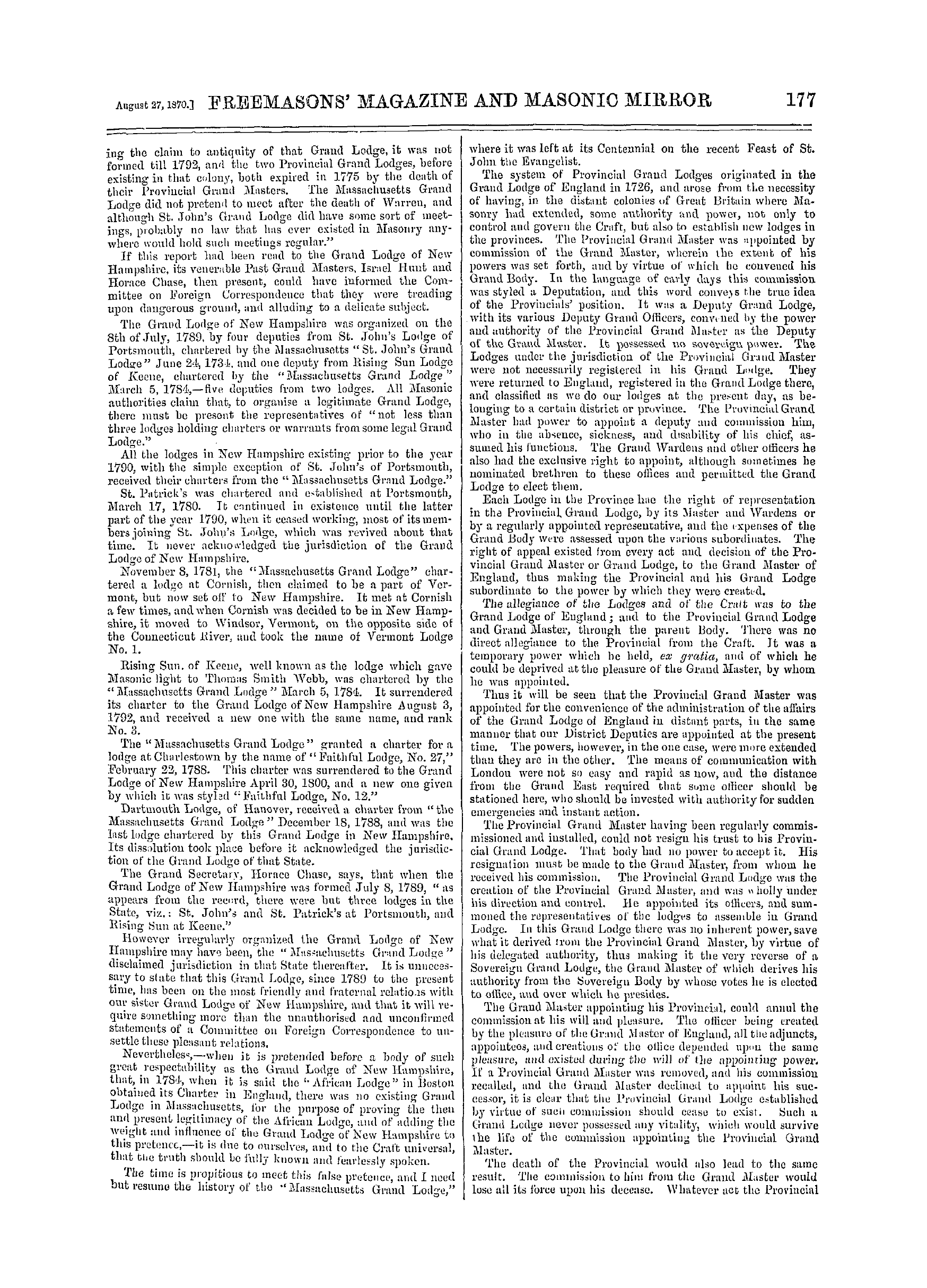 The Freemasons' Monthly Magazine: 1870-08-27 - The Grand Lodge Of Massachusetts.