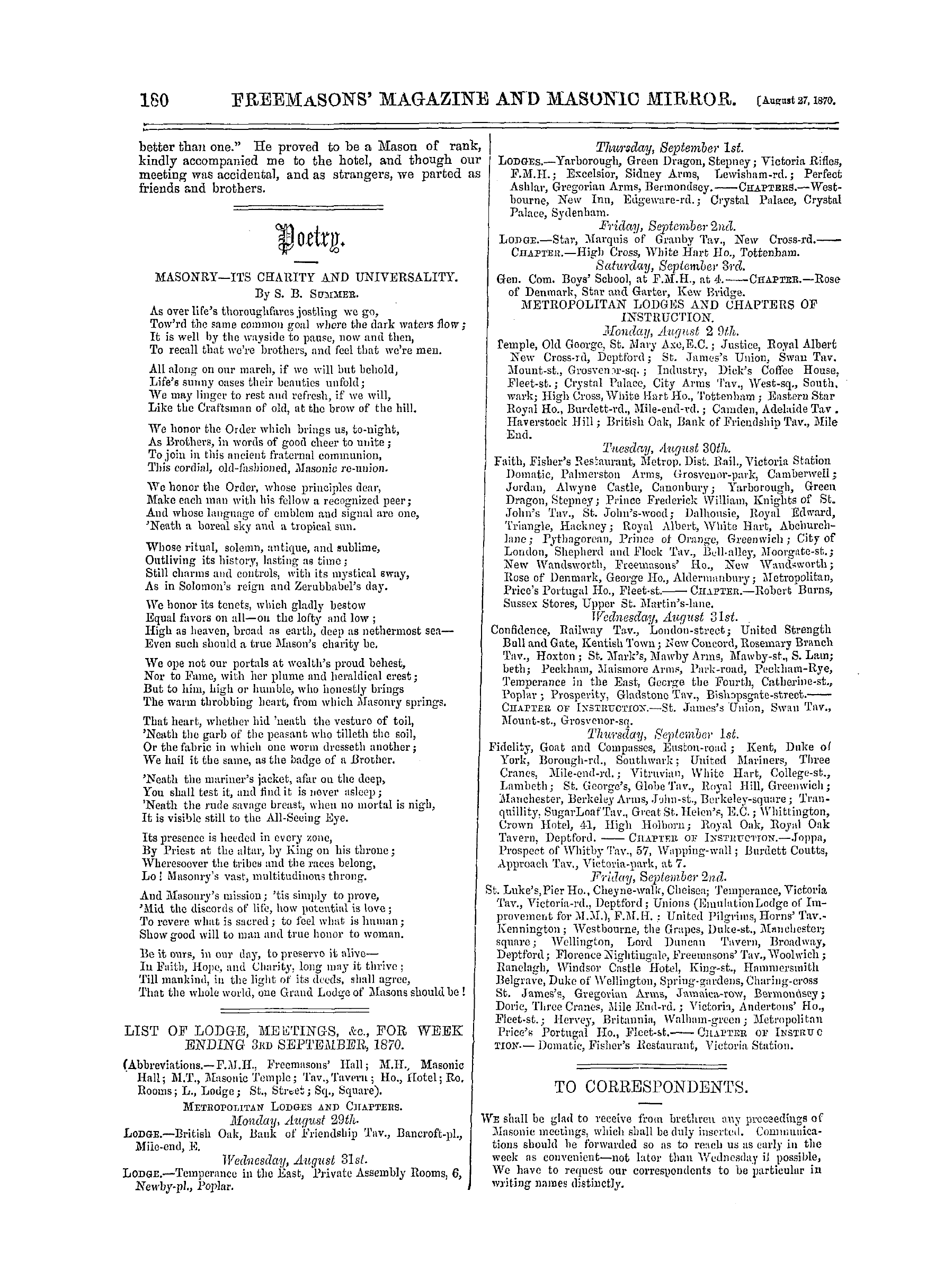 The Freemasons' Monthly Magazine: 1870-08-27 - To Correspondents.