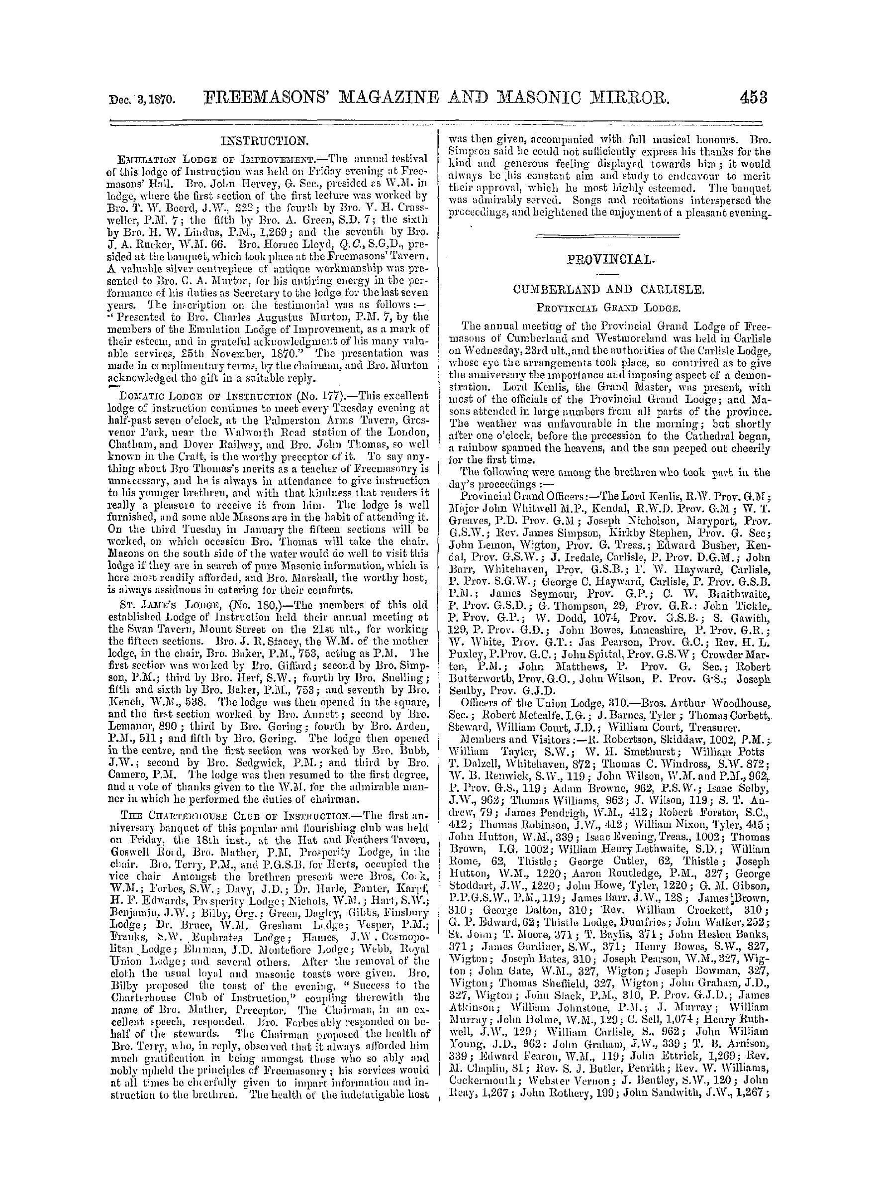 The Freemasons' Monthly Magazine: 1870-12-03 - Provincial.