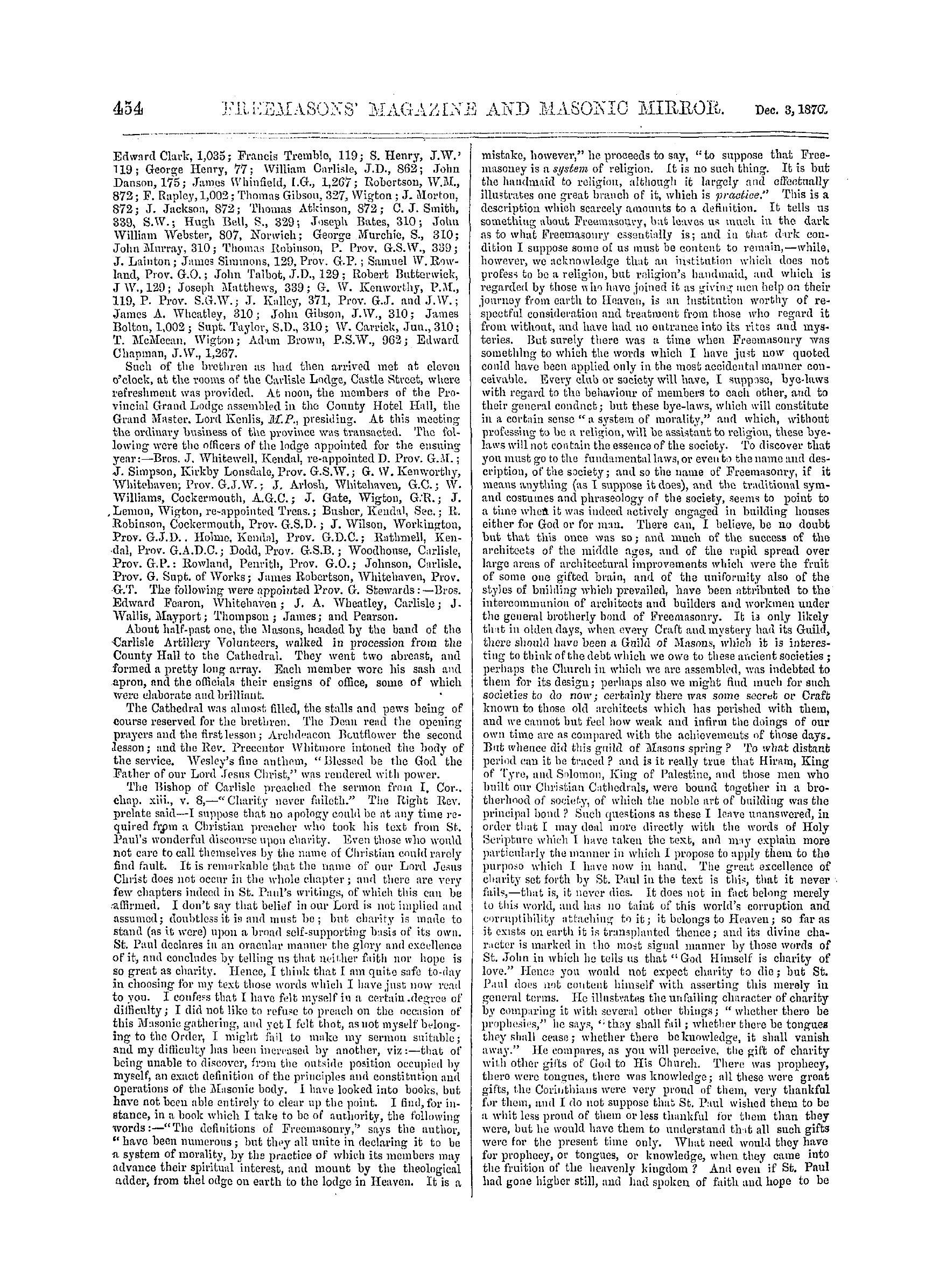 The Freemasons' Monthly Magazine: 1870-12-03 - Provincial.