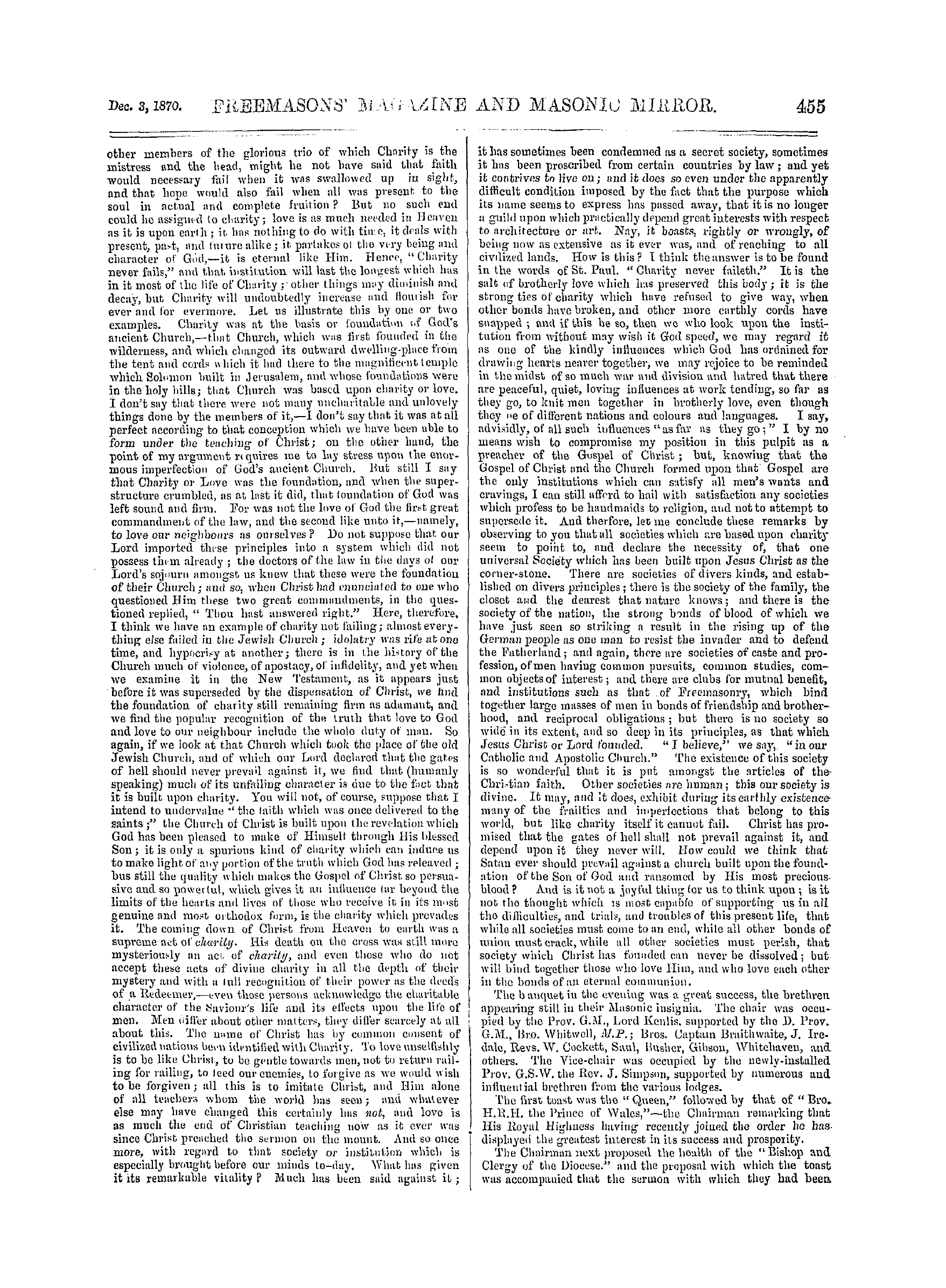 The Freemasons' Monthly Magazine: 1870-12-03 - Provincial.