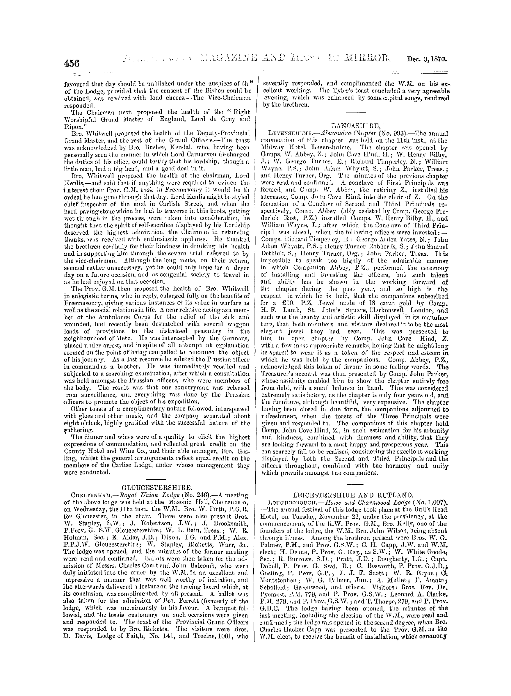 The Freemasons' Monthly Magazine: 1870-12-03 - Provincial.