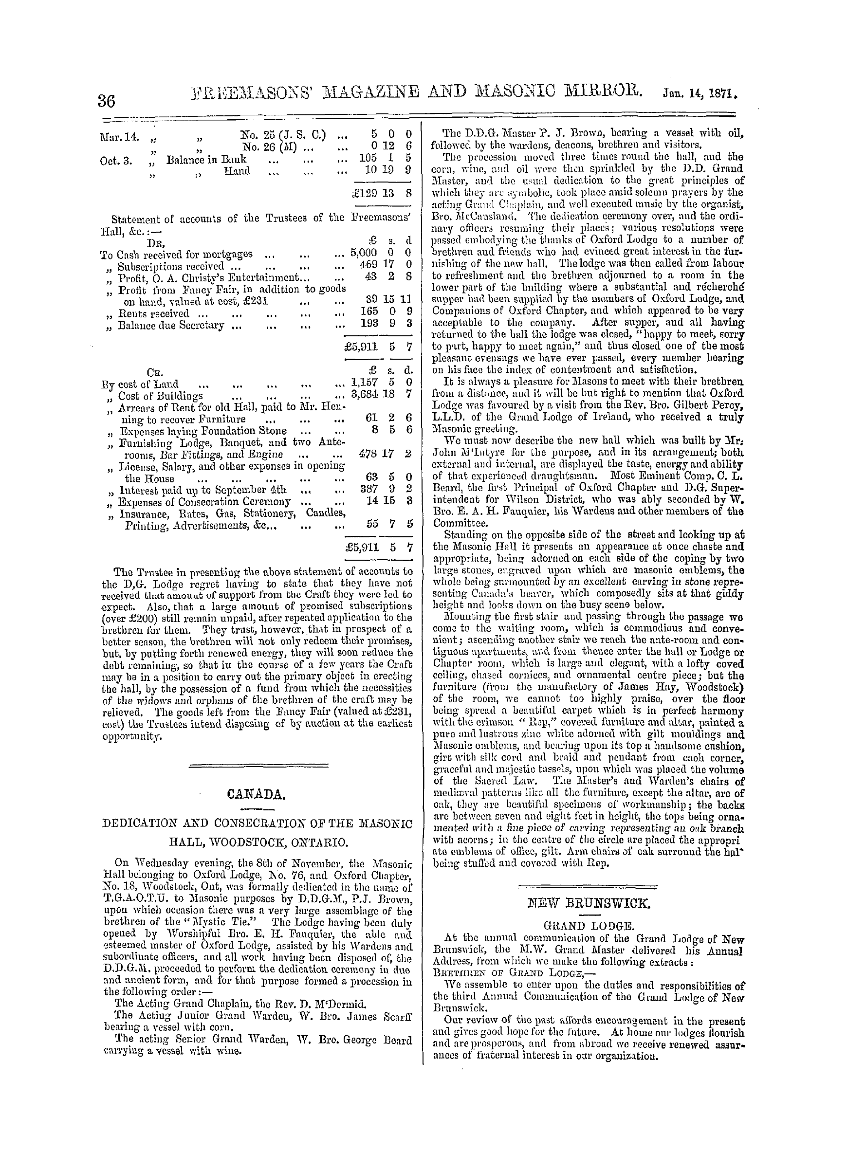 The Freemasons' Monthly Magazine: 1871-01-14 - New Brunswick.