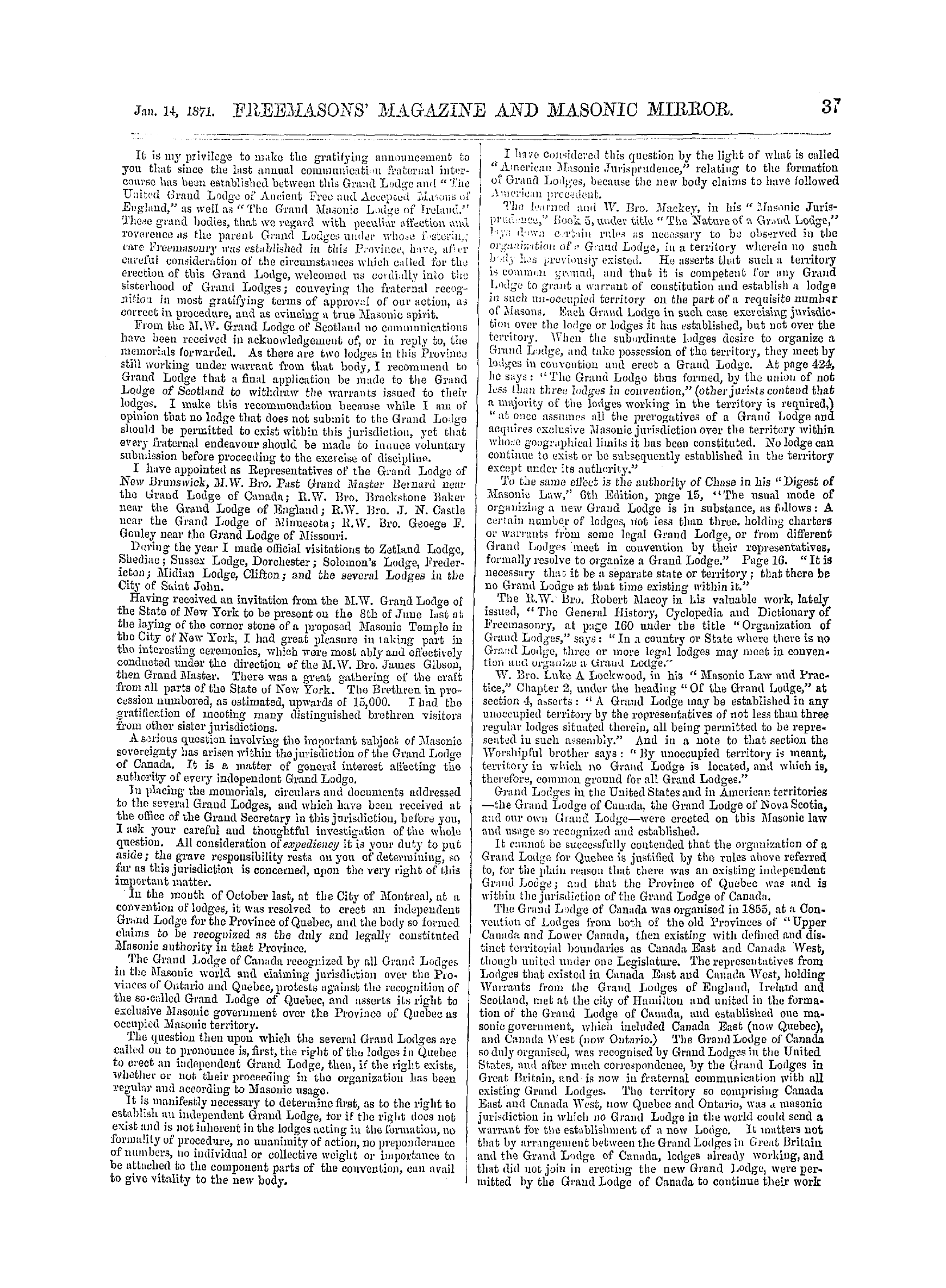 The Freemasons' Monthly Magazine: 1871-01-14 - New Brunswick.