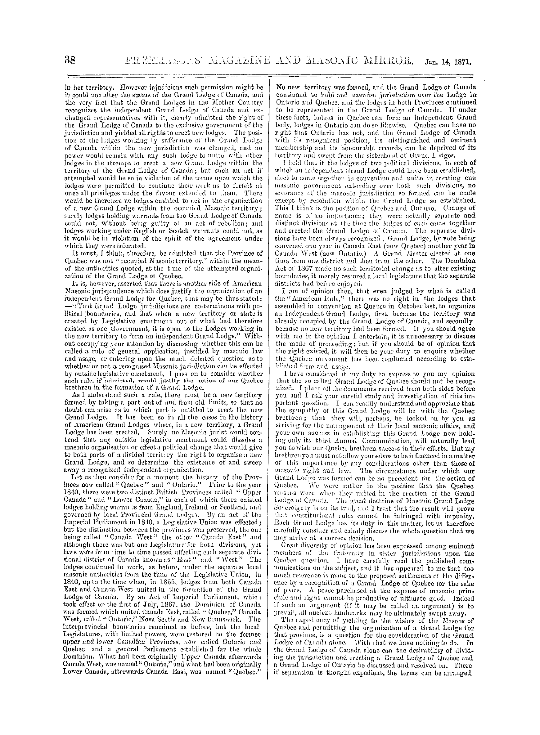 The Freemasons' Monthly Magazine: 1871-01-14 - New Brunswick.