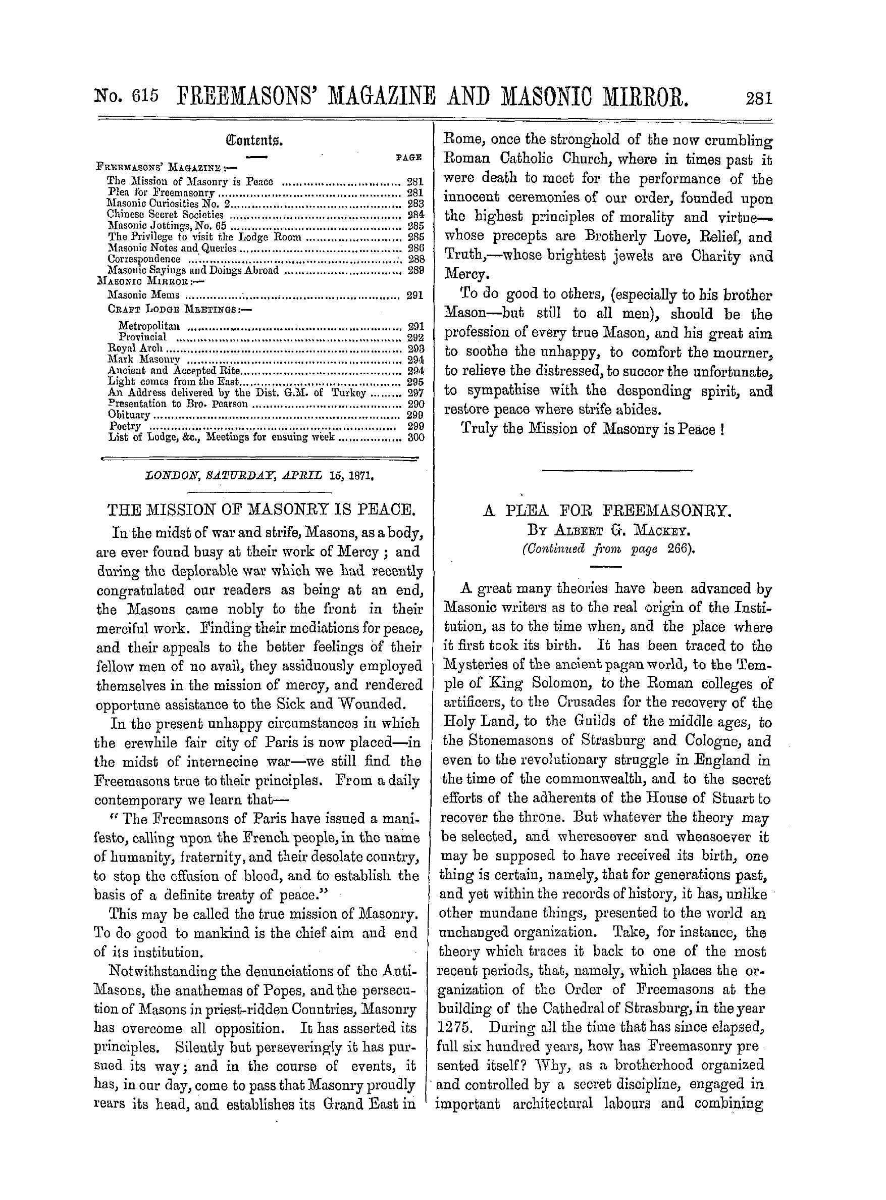 The Freemasons' Monthly Magazine: 1871-04-15 - A Plea For Freemasonry.