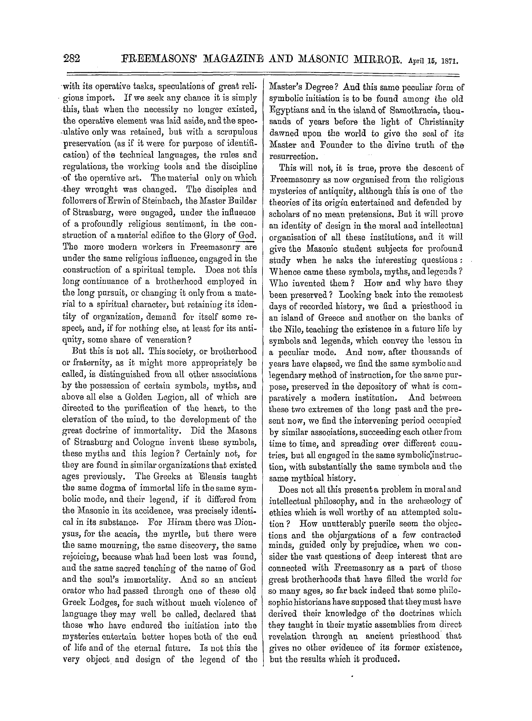 The Freemasons' Monthly Magazine: 1871-04-15 - A Plea For Freemasonry.