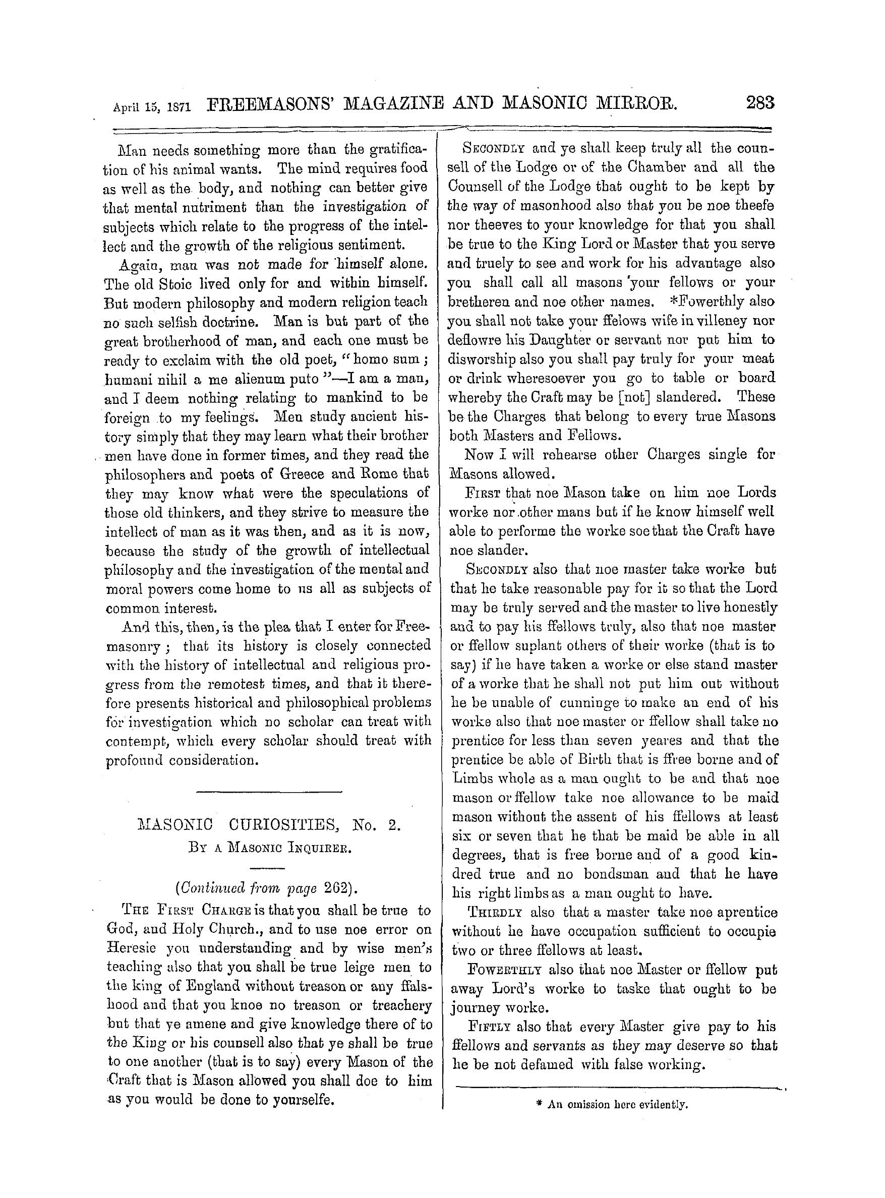 The Freemasons' Monthly Magazine: 1871-04-15 - A Plea For Freemasonry.