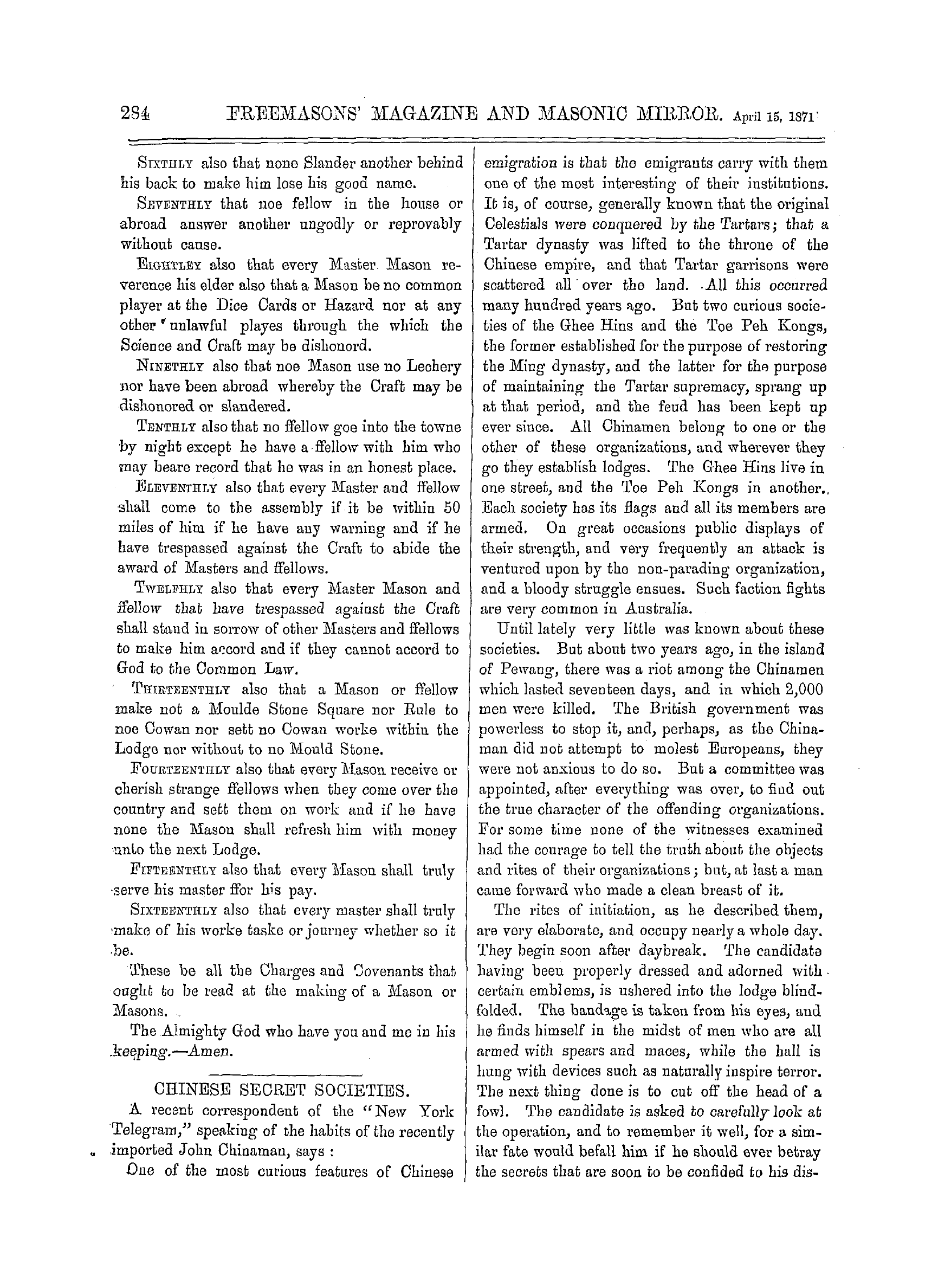 The Freemasons' Monthly Magazine: 1871-04-15 - Chinese Secret Societies.