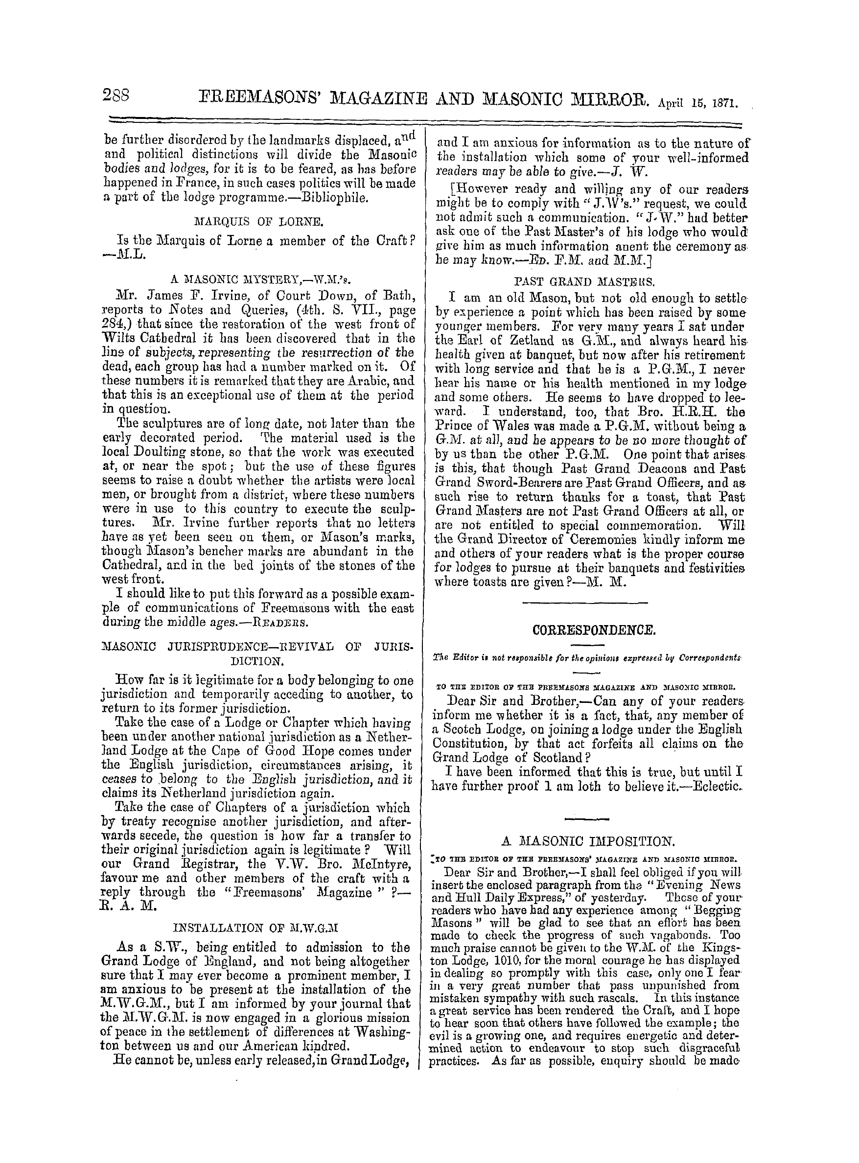 The Freemasons' Monthly Magazine: 1871-04-15 - Correspondence.