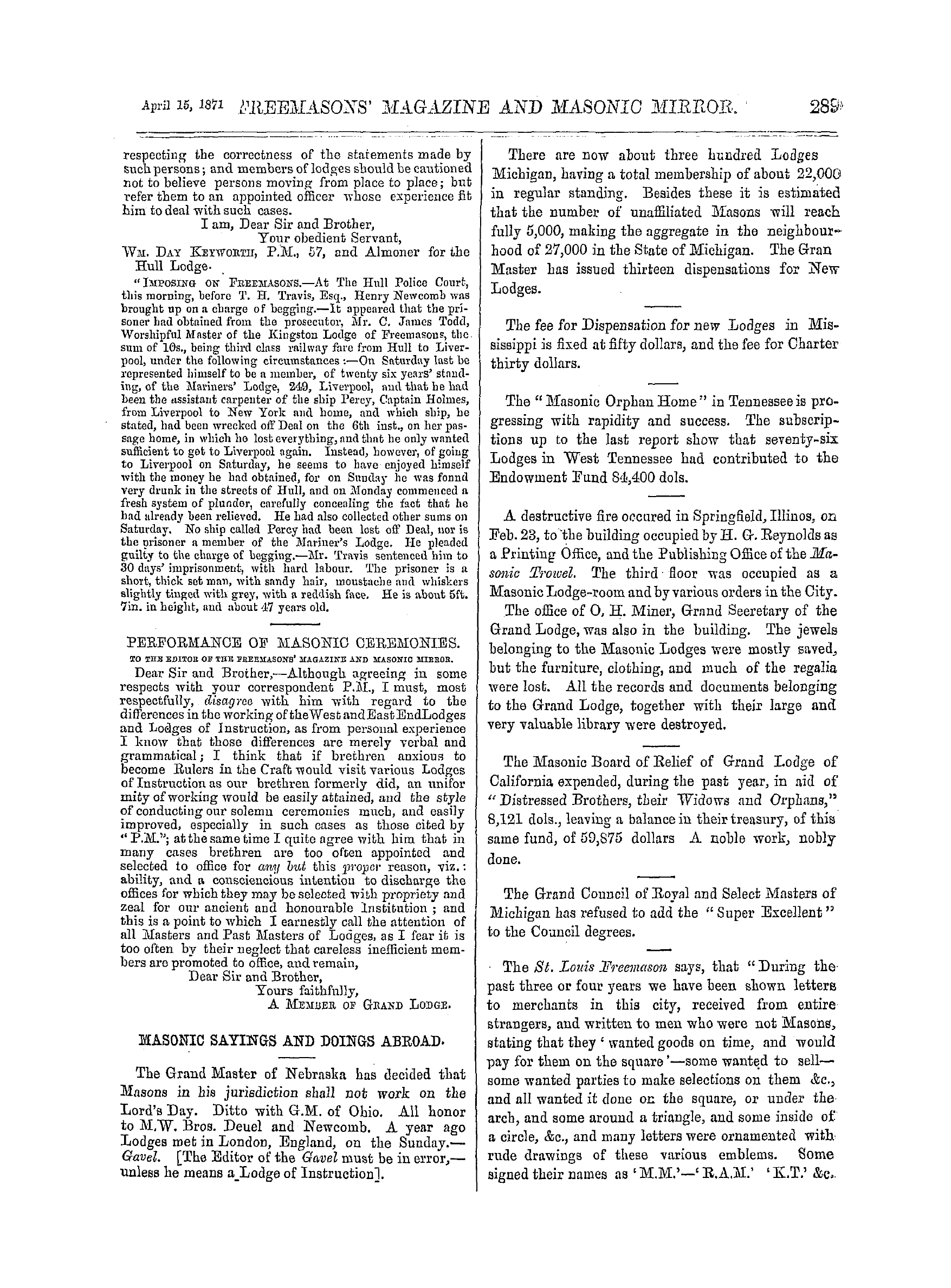 The Freemasons' Monthly Magazine: 1871-04-15 - Correspondence.