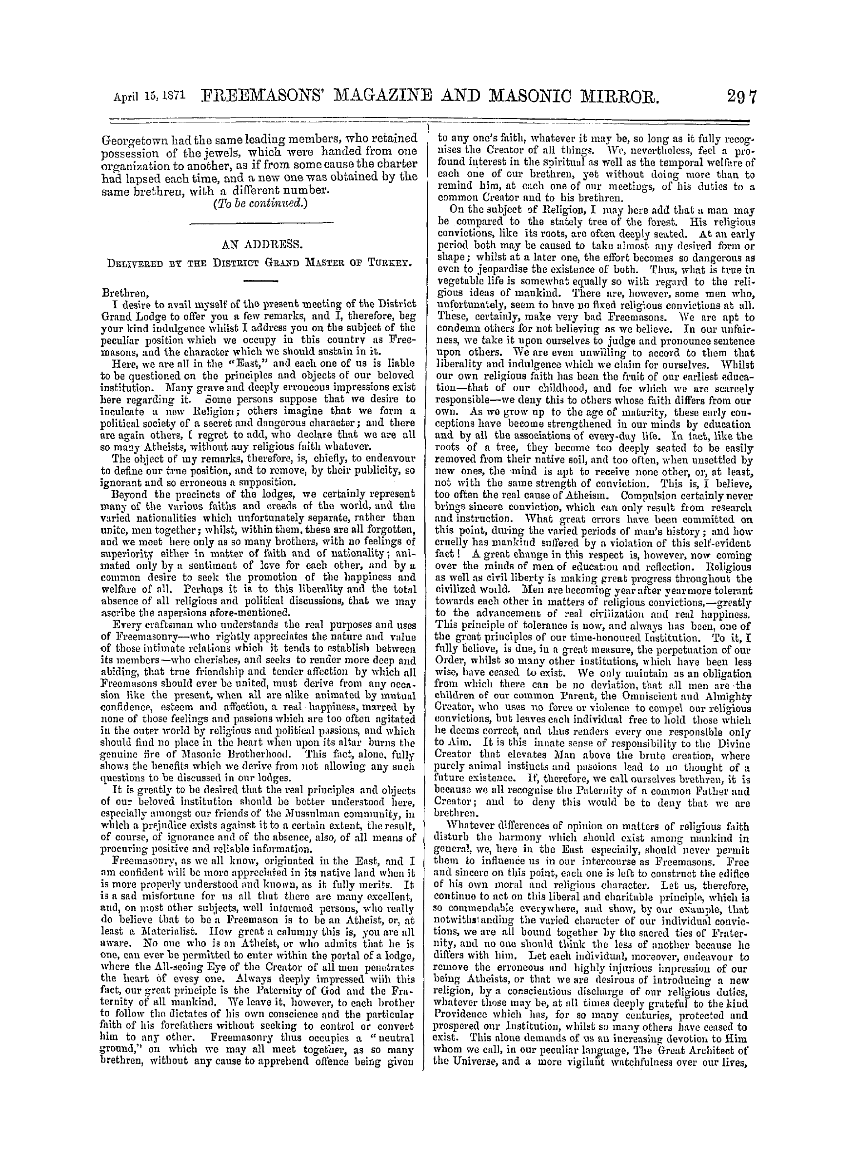 The Freemasons' Monthly Magazine: 1871-04-15 - An Address. Delivered By The District Grand Master Of Turkey.