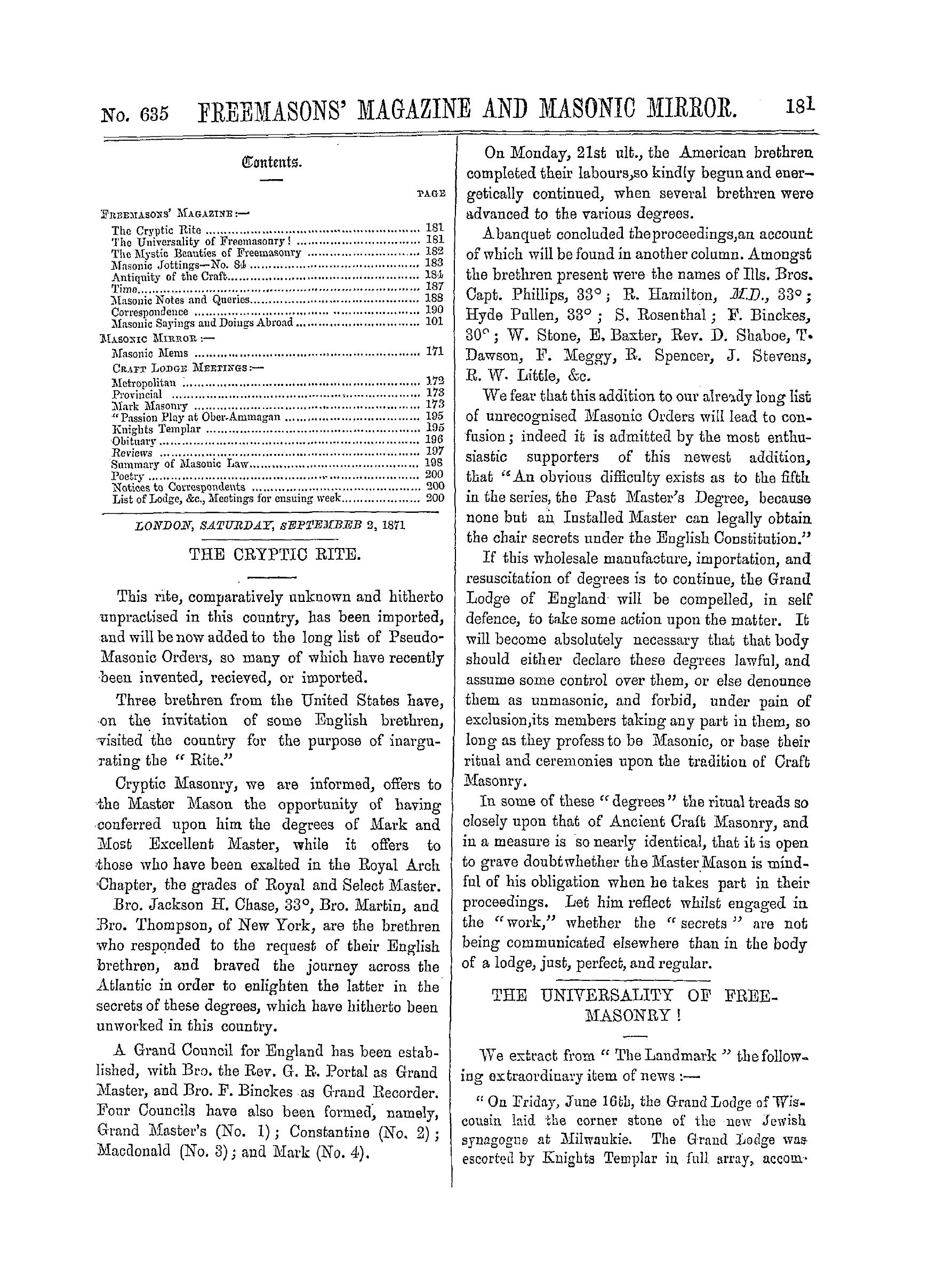 The Freemasons' Monthly Magazine: 1871-09-02 - The Cryptic Rite.