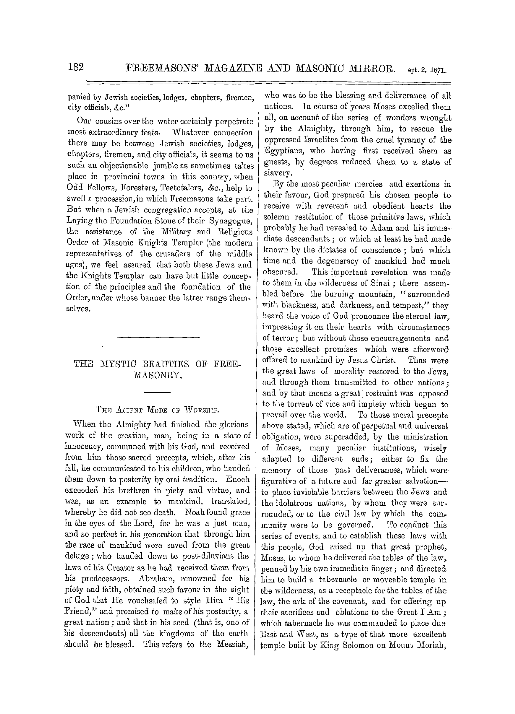 The Freemasons' Monthly Magazine: 1871-09-02 - The Mystic Beauties Of Freemasonry.